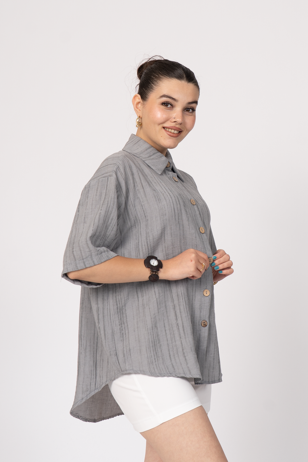 Keten Oversize Gömlek 70039 - GRI MELANJ