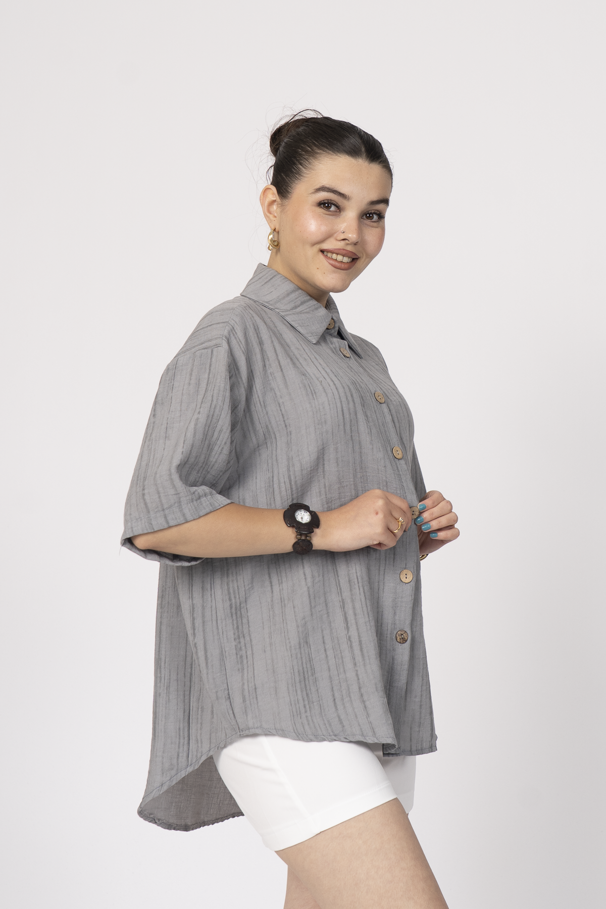 Keten Oversize Gömlek 70039 - GRI MELANJ