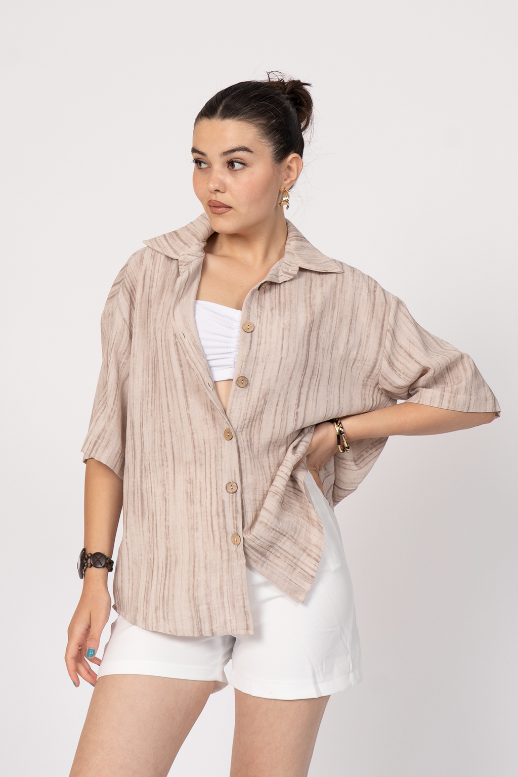 Keten Oversize Gömlek 70039 - BEJ