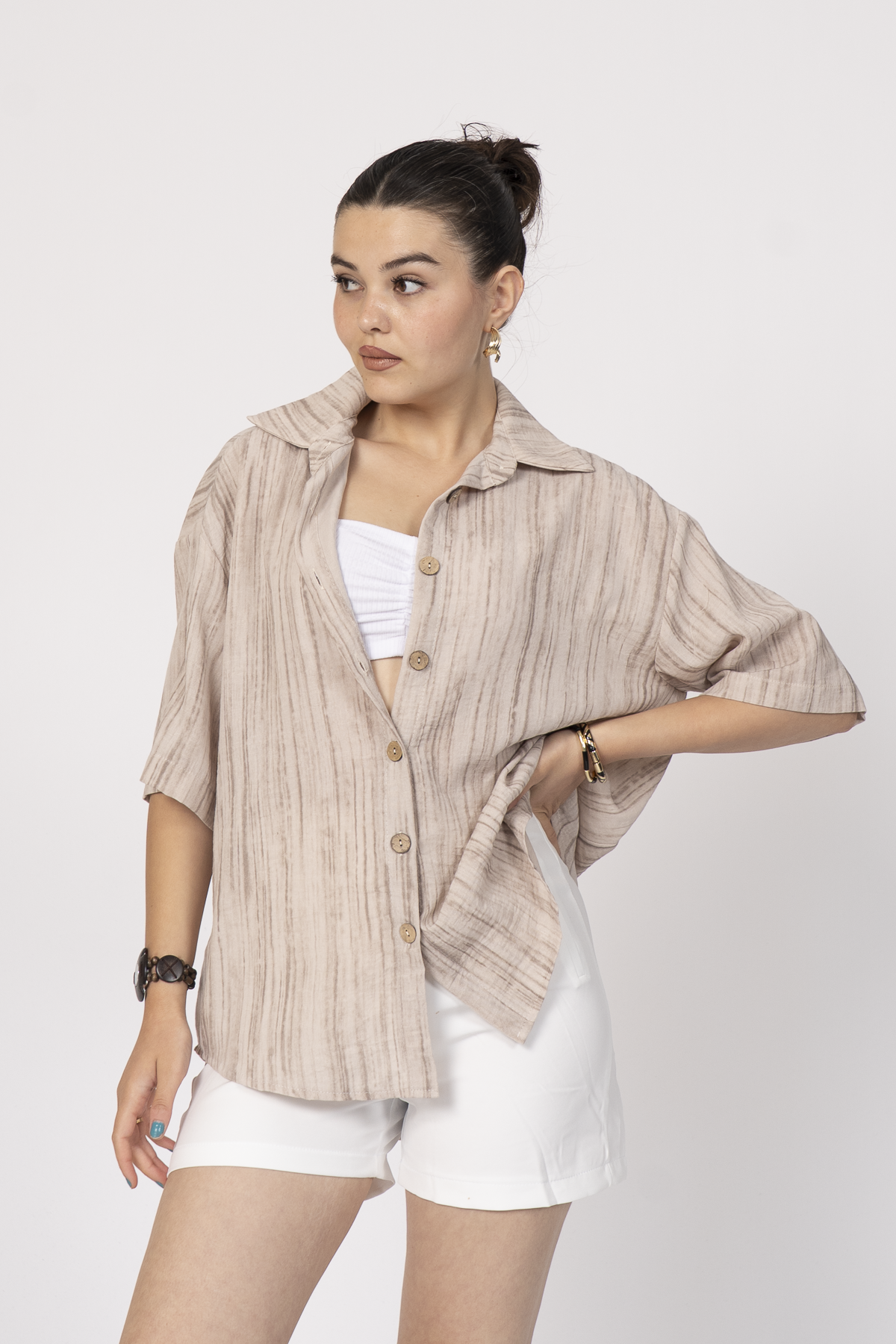 Keten Oversize Gömlek 70039 - BEJ