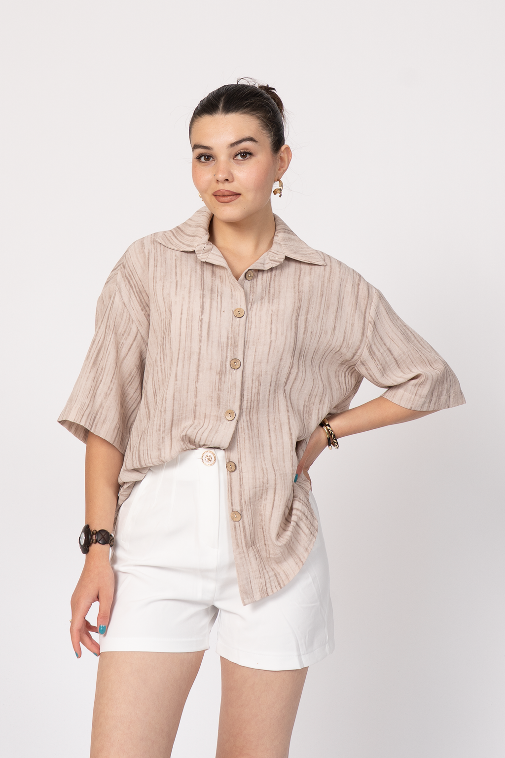 Keten Oversize Gömlek 70039 - BEJ