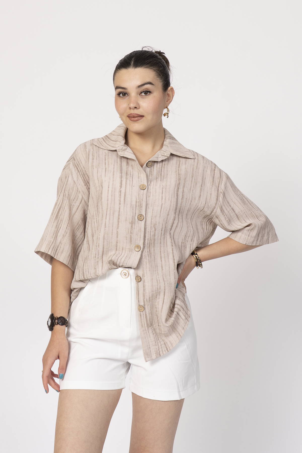 Keten Oversize Gömlek 70039 - BEJ
