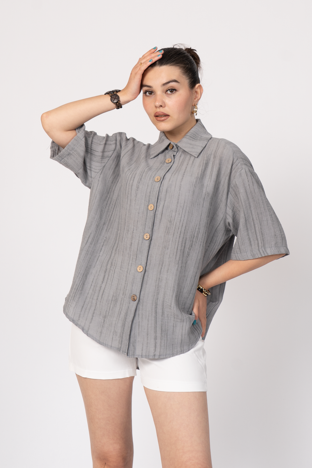 Keten Oversize Gömlek 70039 - GRI MELANJ