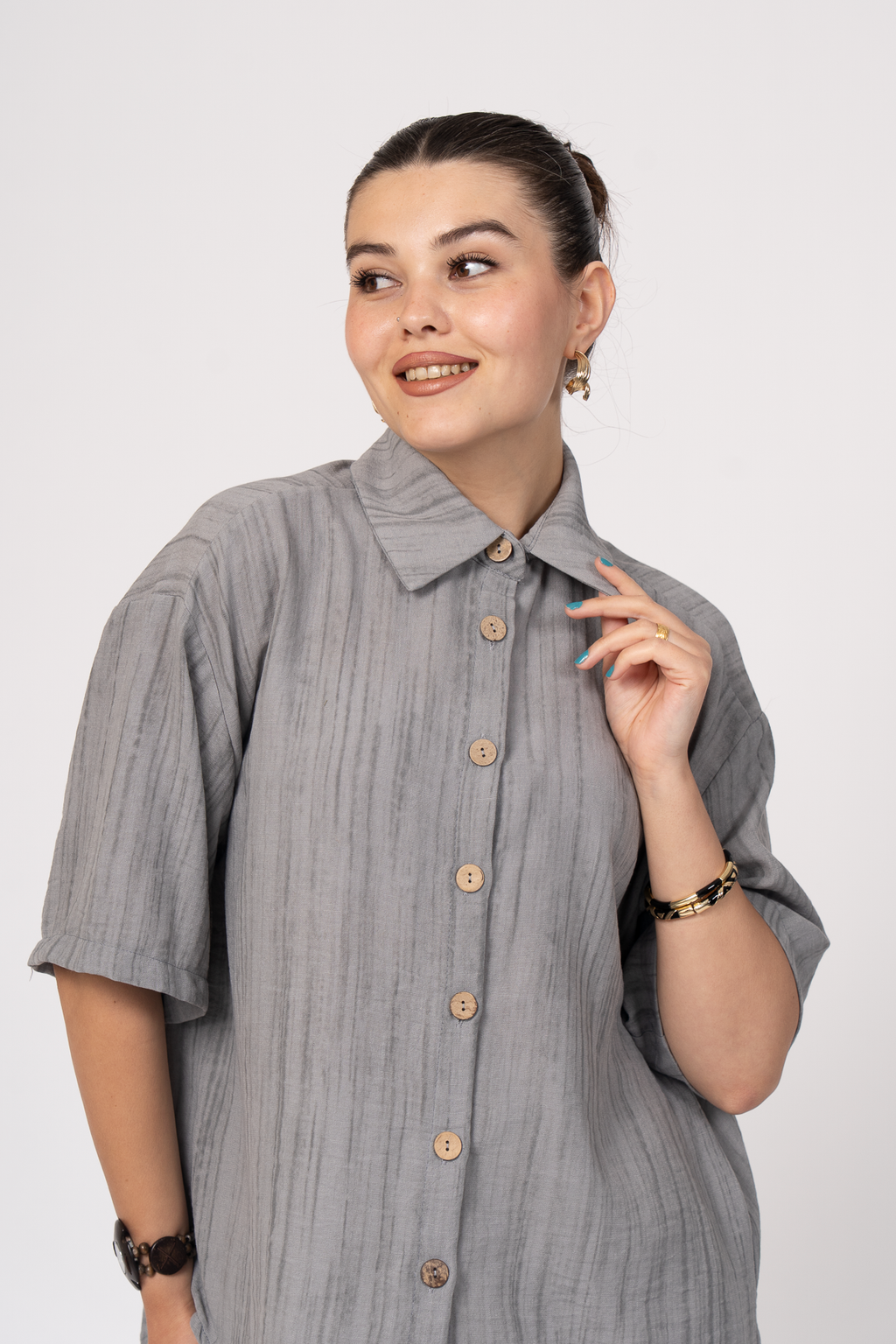Keten Oversize Gömlek 70039 - GRI MELANJ