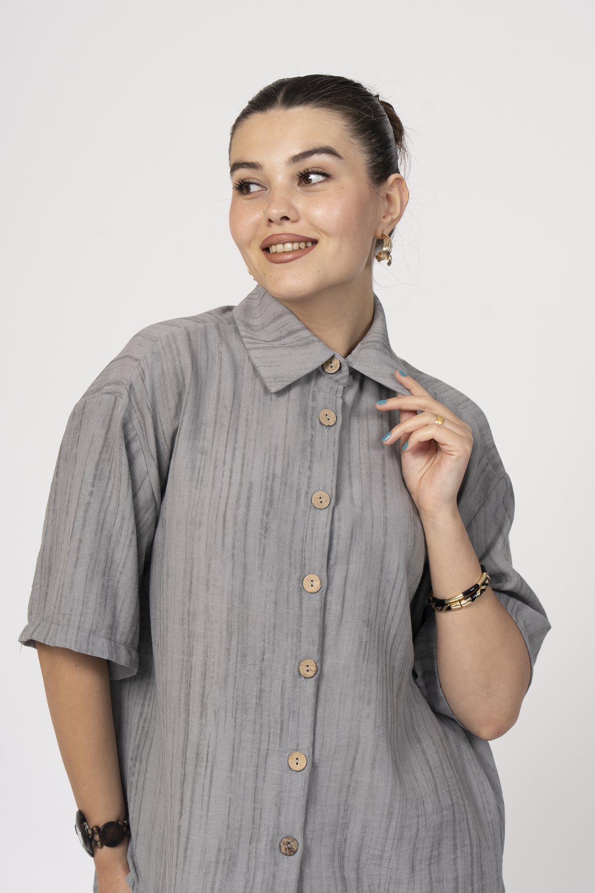 Keten Oversize Gömlek 70039 - GRI MELANJ