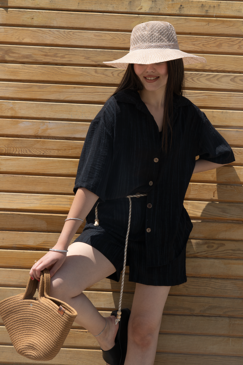 Keten Oversize Gömlek 70039 - SIYAH