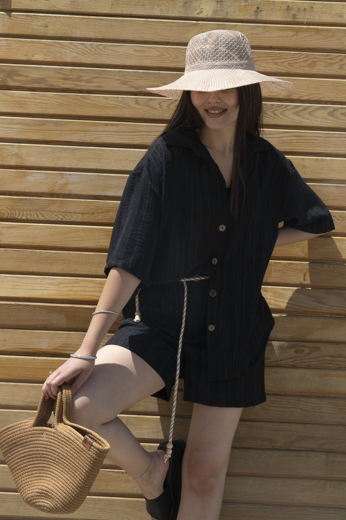 Keten Oversize Gömlek 70039 - SIYAH