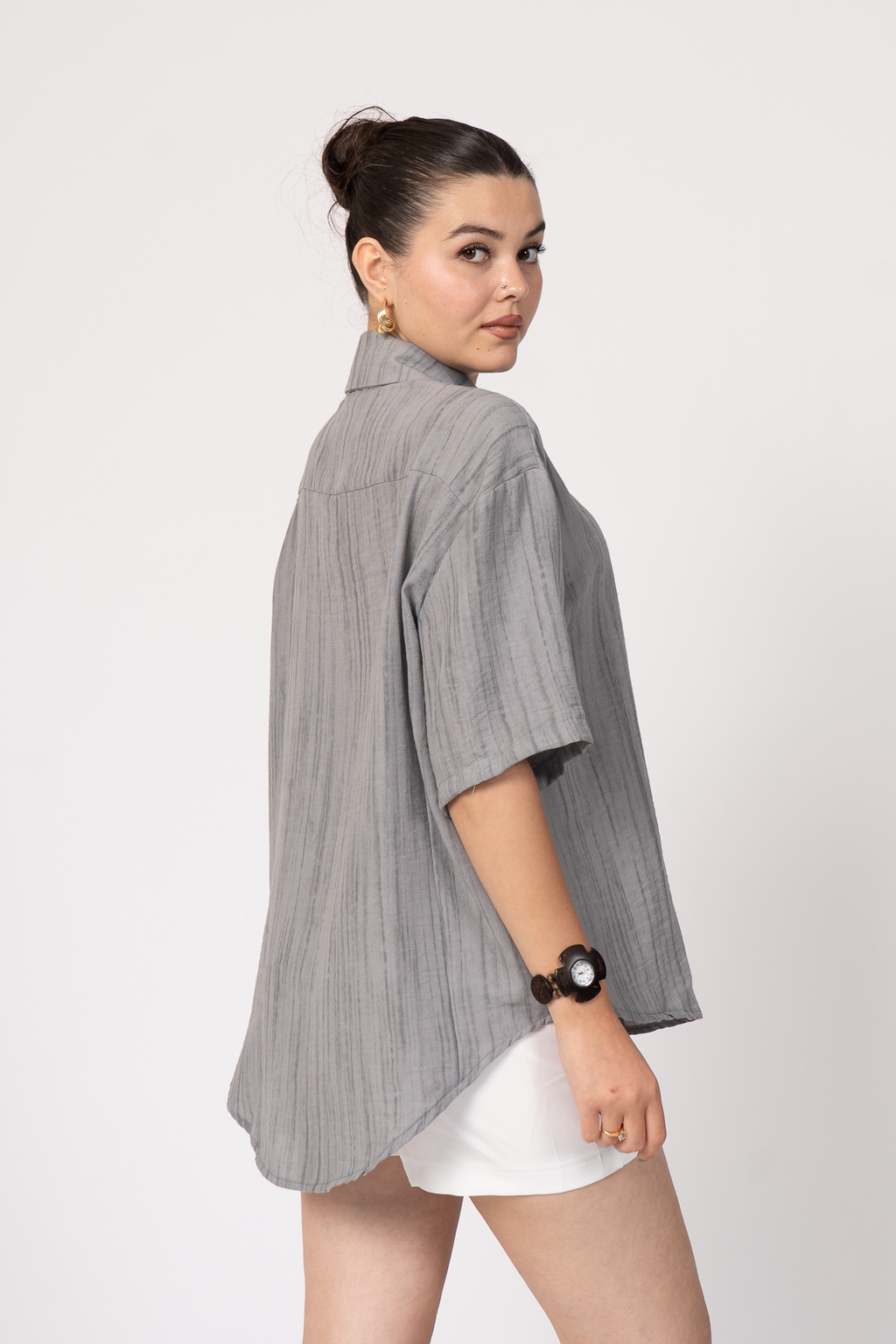 Keten Oversize Gömlek 70039 - GRI MELANJ