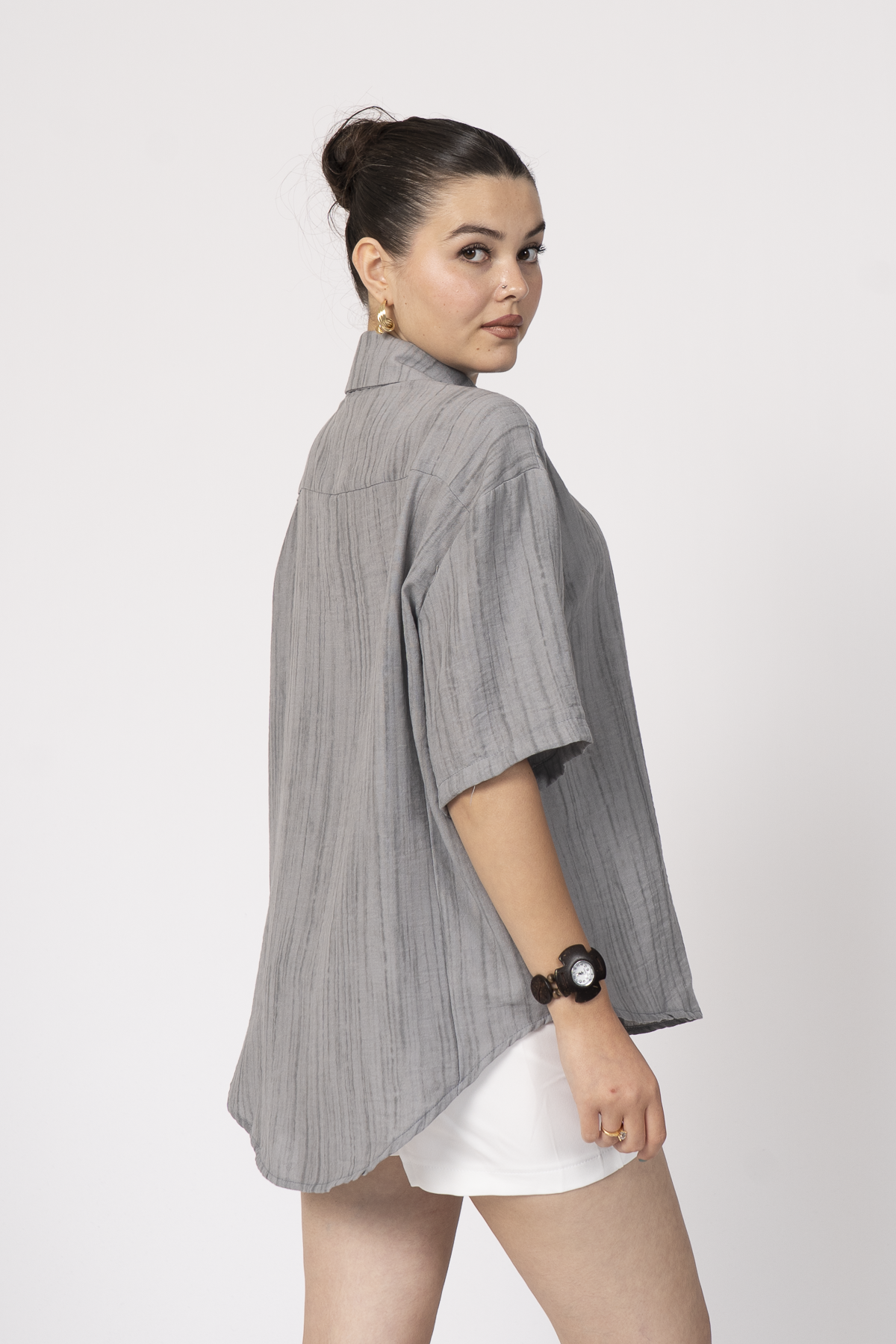 Keten Oversize Gömlek 70039 - GRI MELANJ