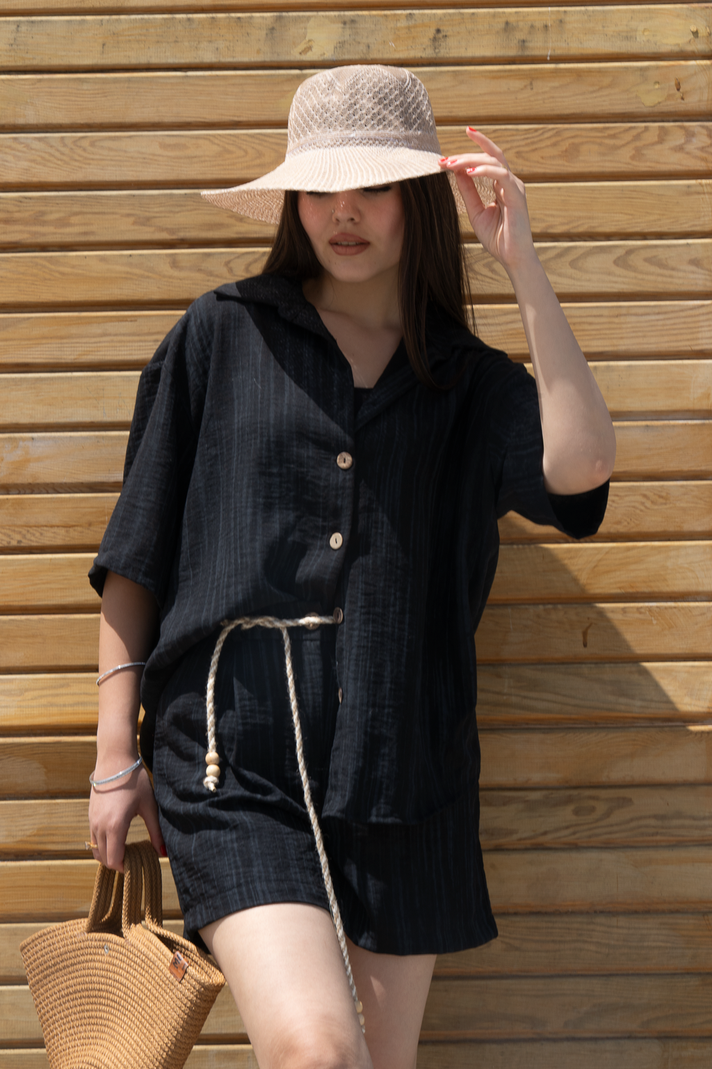 Keten Oversize Gömlek 70039 - SIYAH