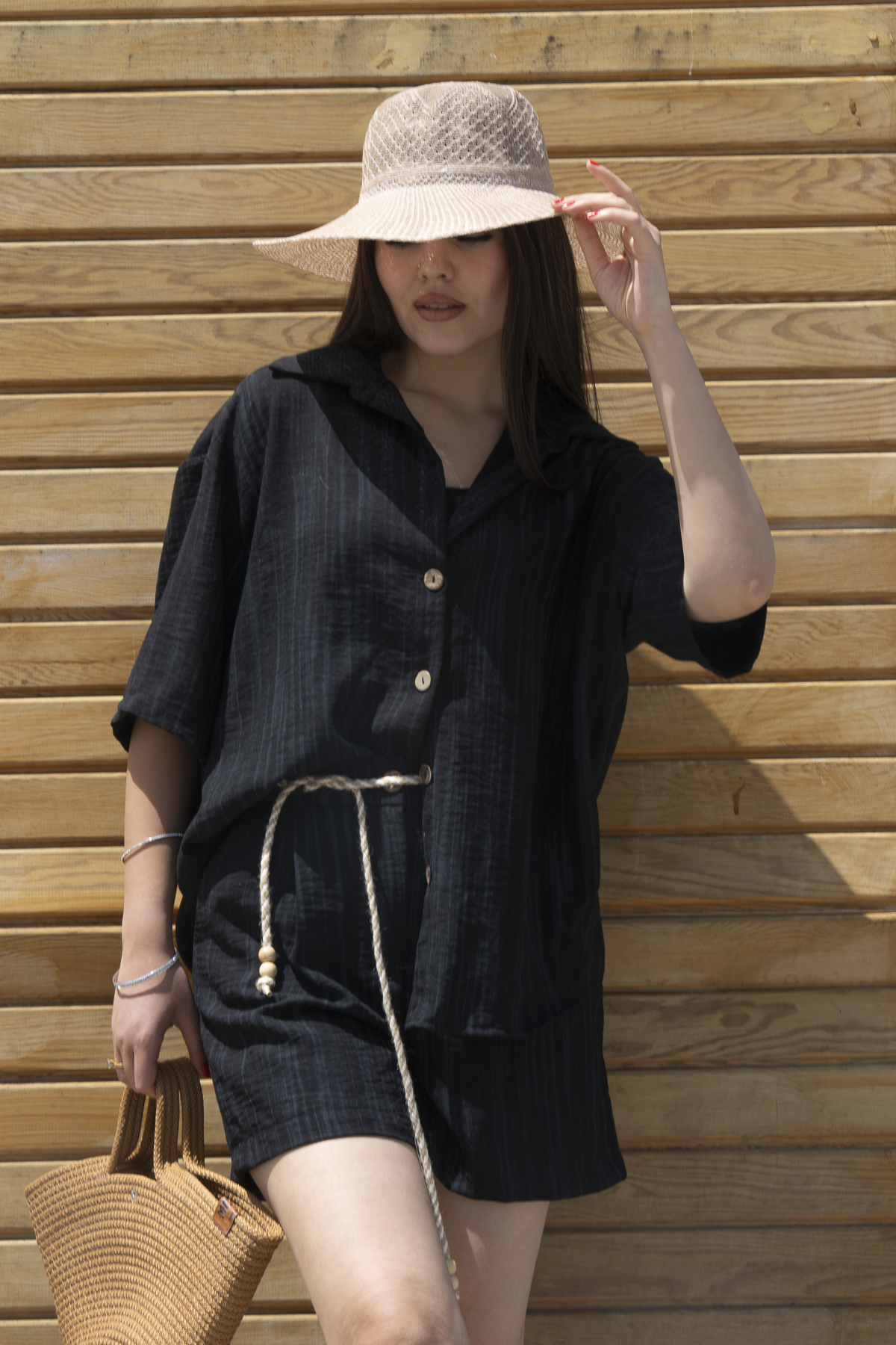 Keten Oversize Gömlek 70039 - SIYAH