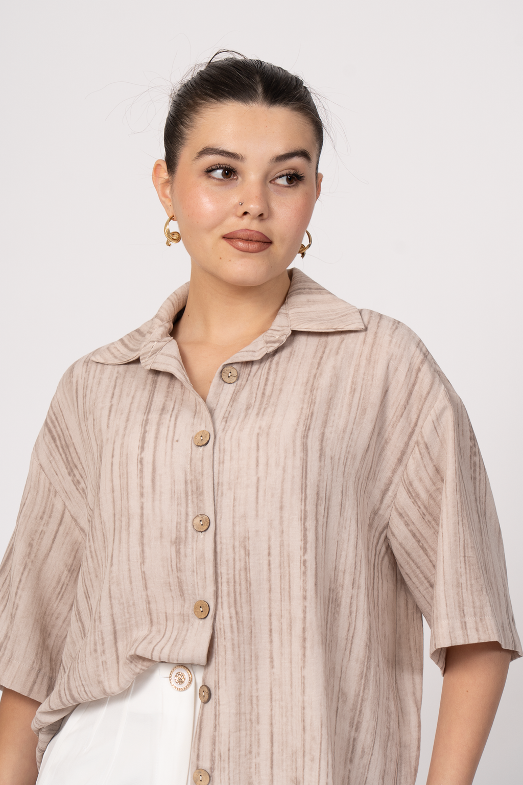 Keten Oversize Gömlek 70039 - BEJ