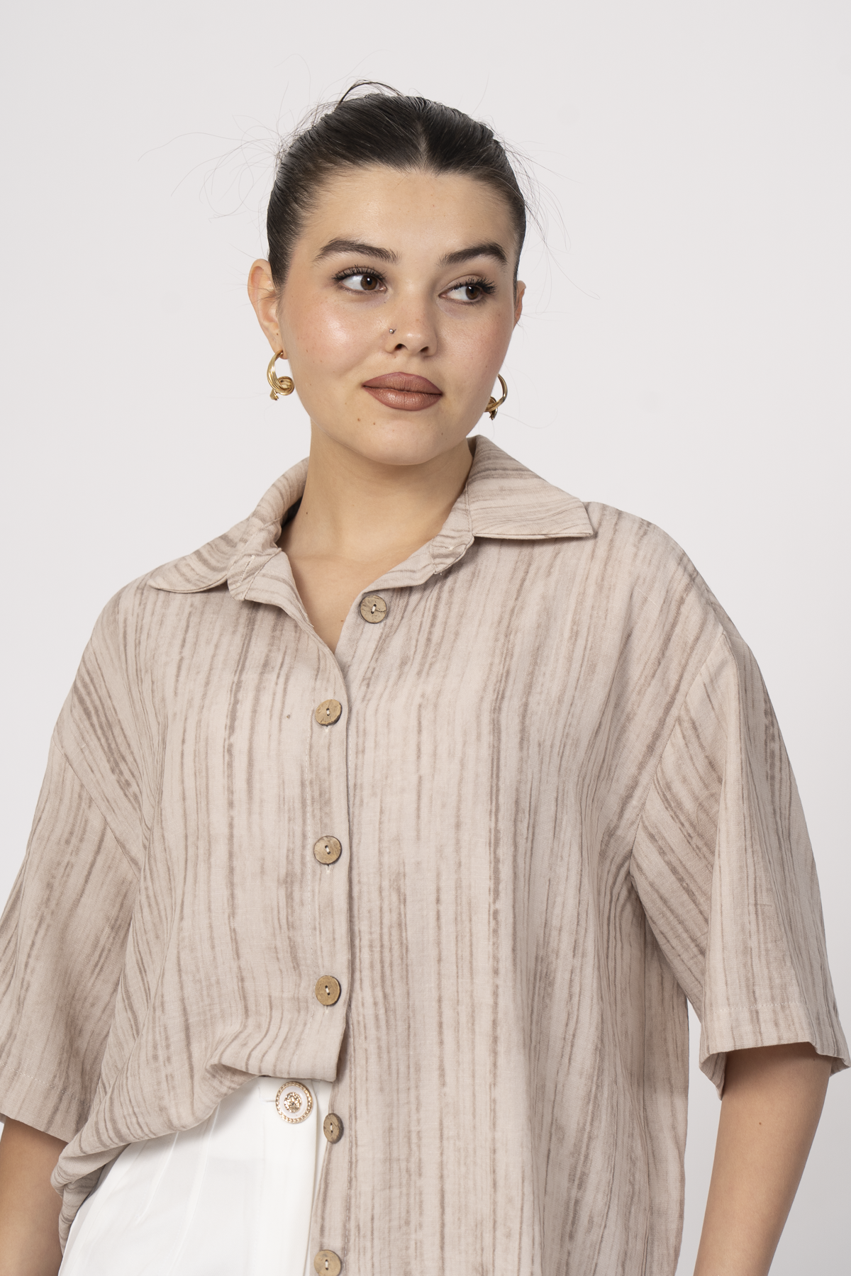 Keten Oversize Gömlek 70039 - BEJ