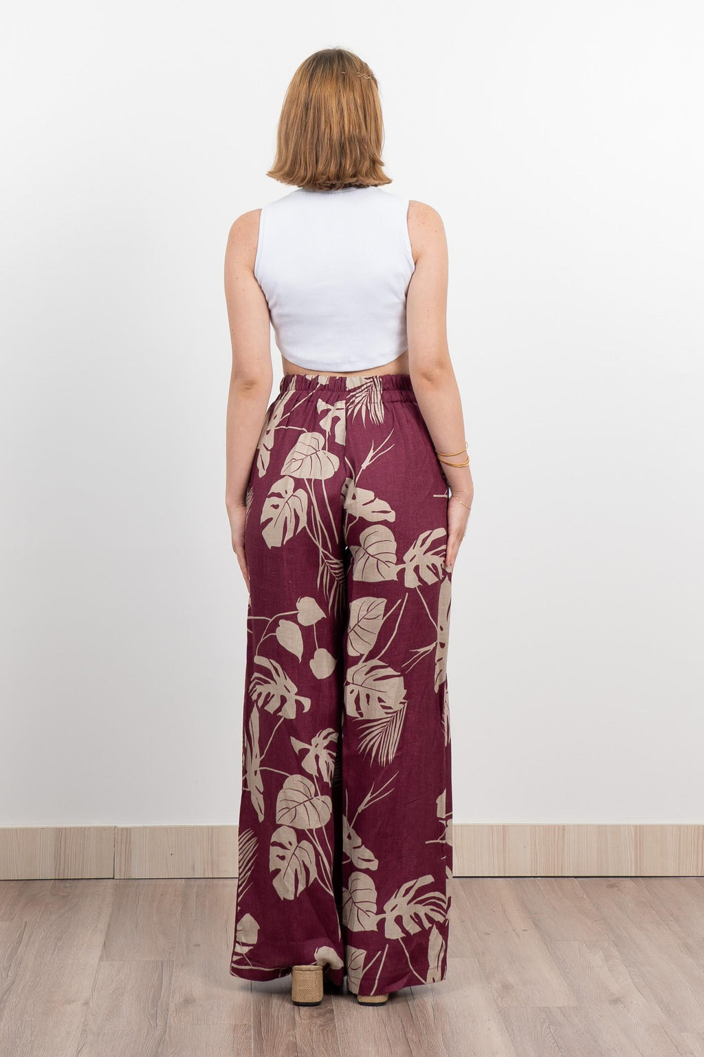 Keten Yüksek Bel Pantolon 30289 - BORDO