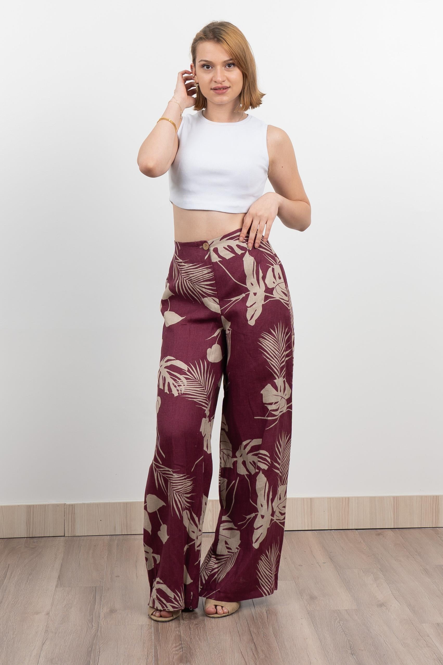 Keten Yüksek Bel Pantolon 30289 - BORDO