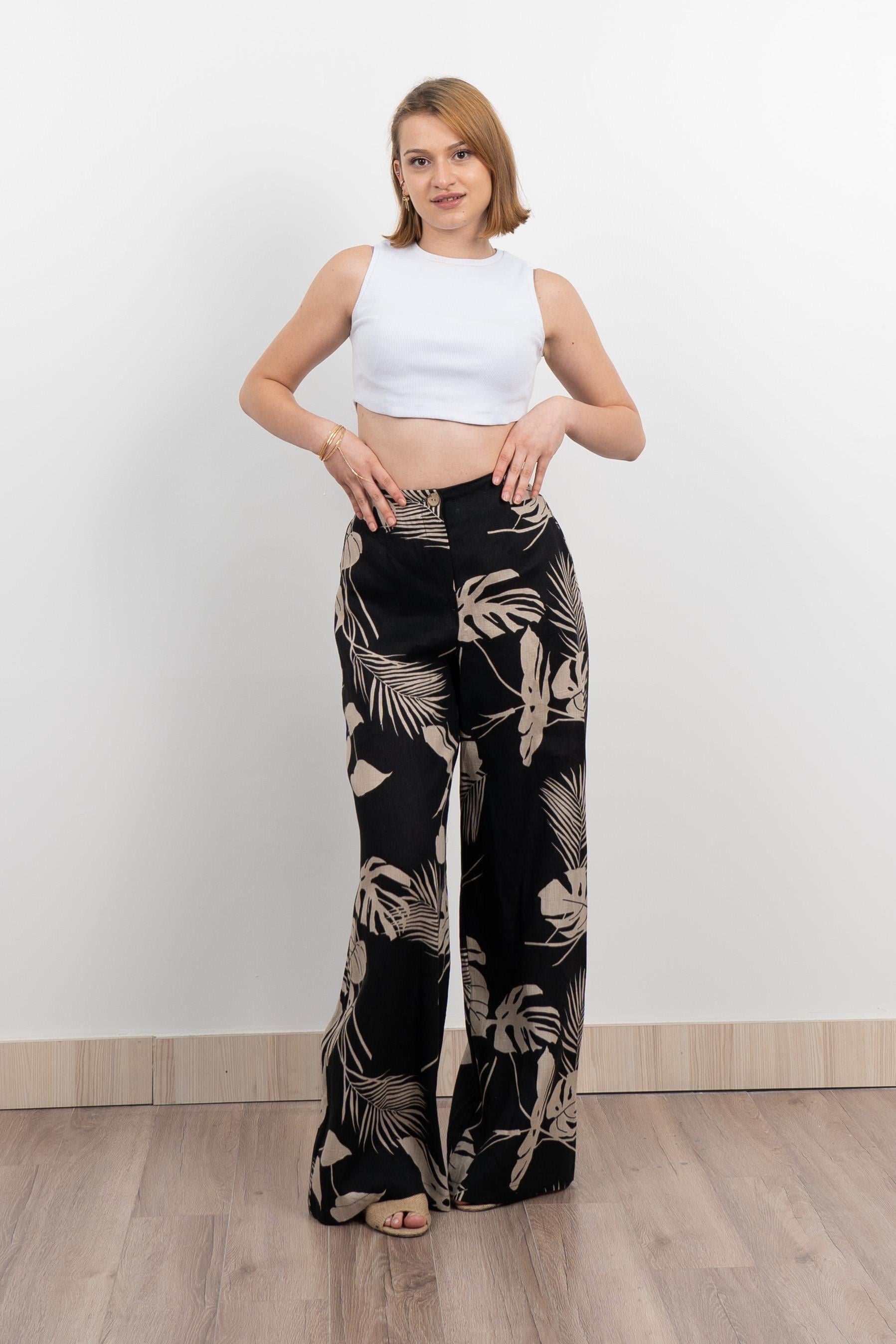 Keten Yüksek Bel Pantolon 30289 - SIYAH