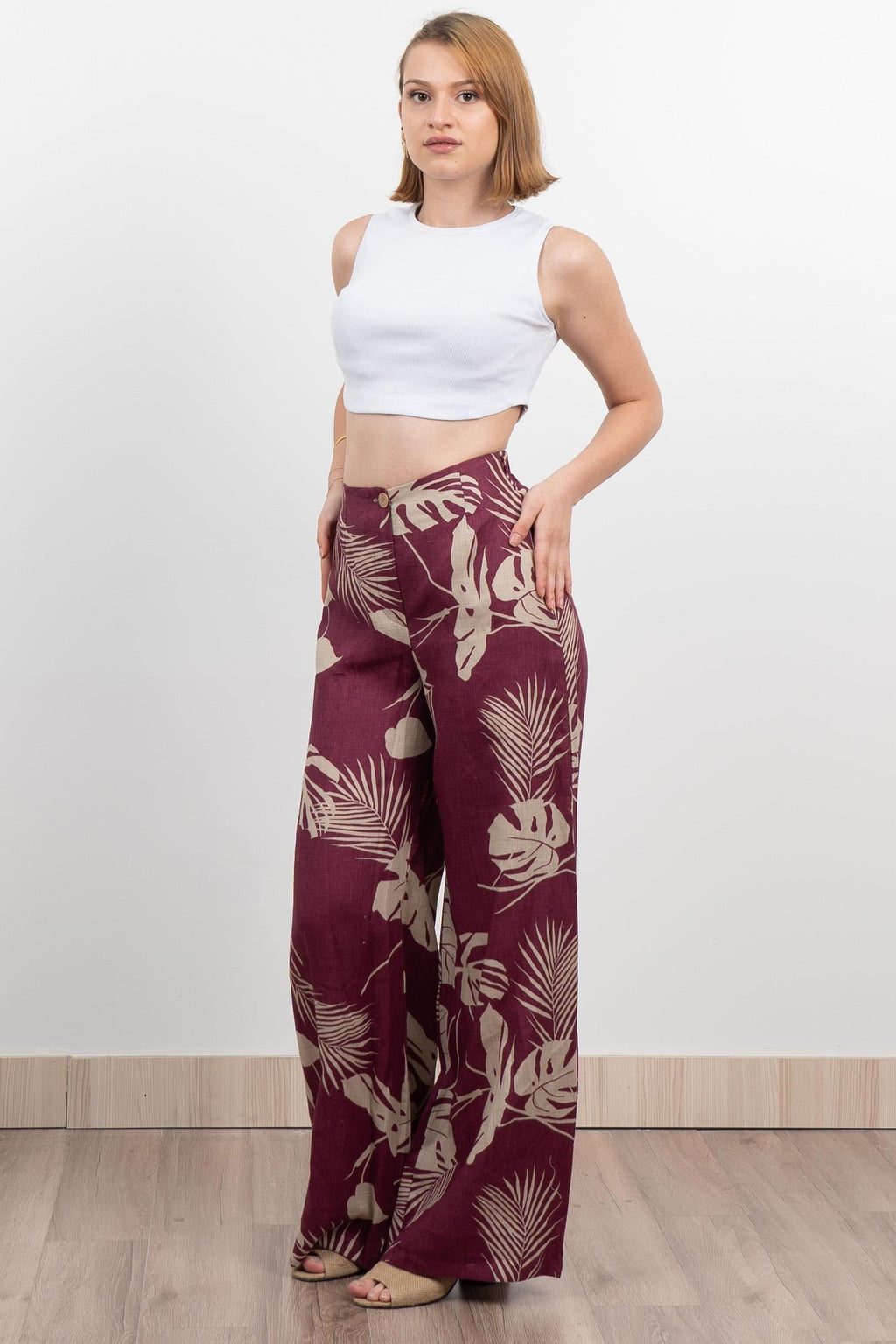Keten Yüksek Bel Pantolon 30289 - BORDO