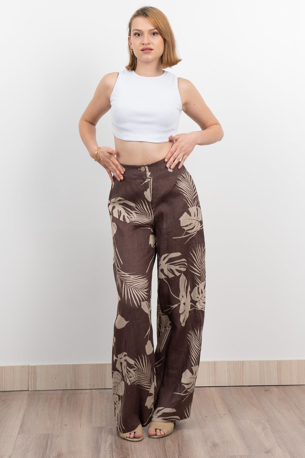 Keten Yüksek Bel Pantolon 30289 - KAHVE
