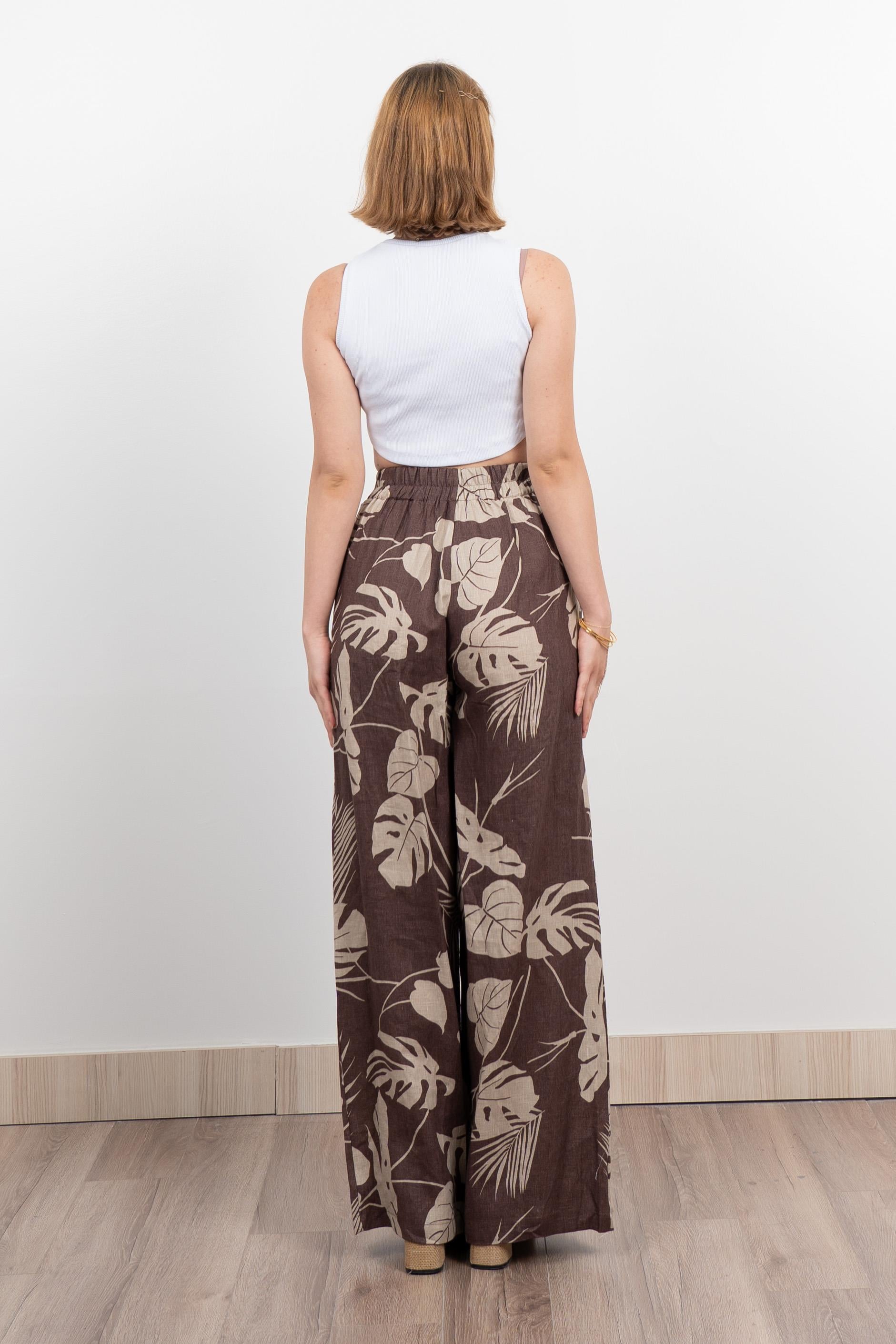Keten Yüksek Bel Pantolon 30289 - KAHVE