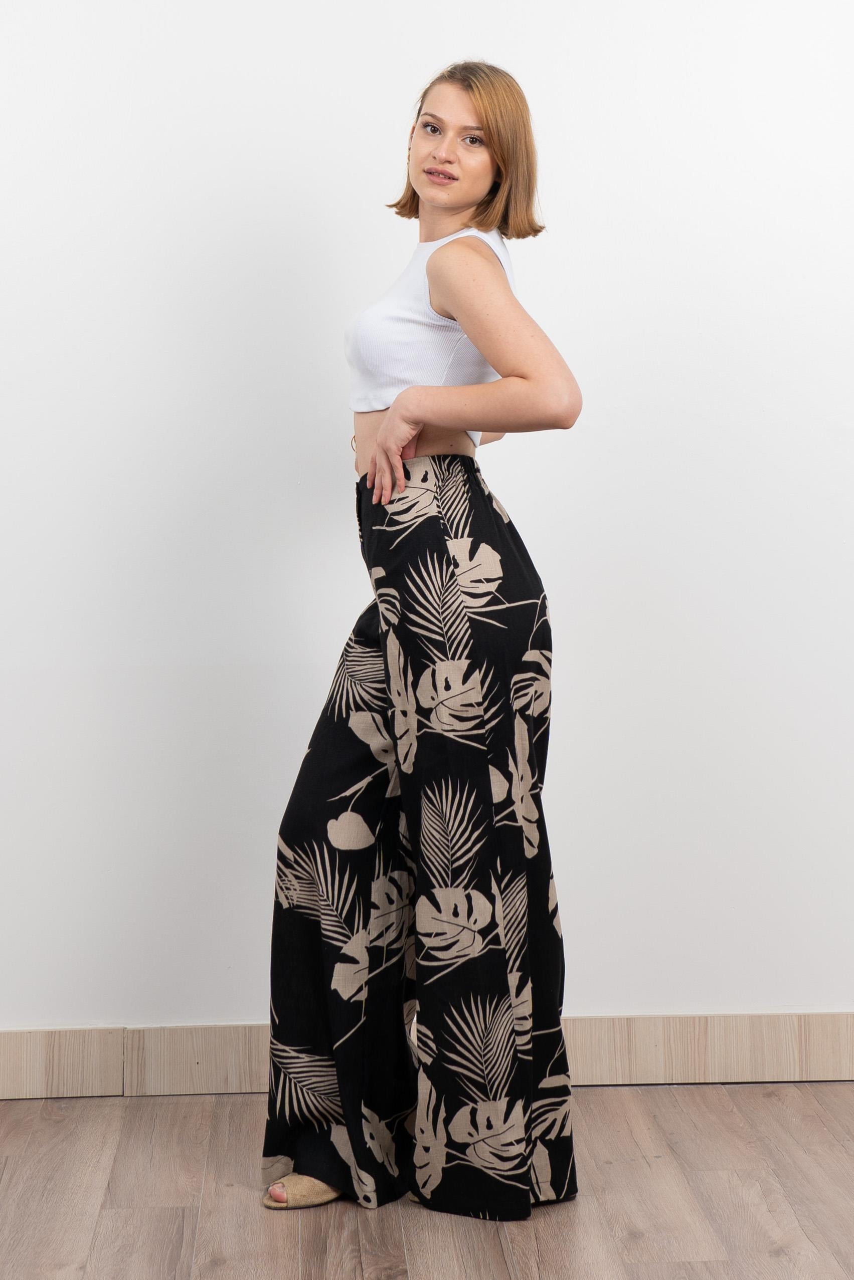 Keten Yüksek Bel Pantolon 30289 - SIYAH
