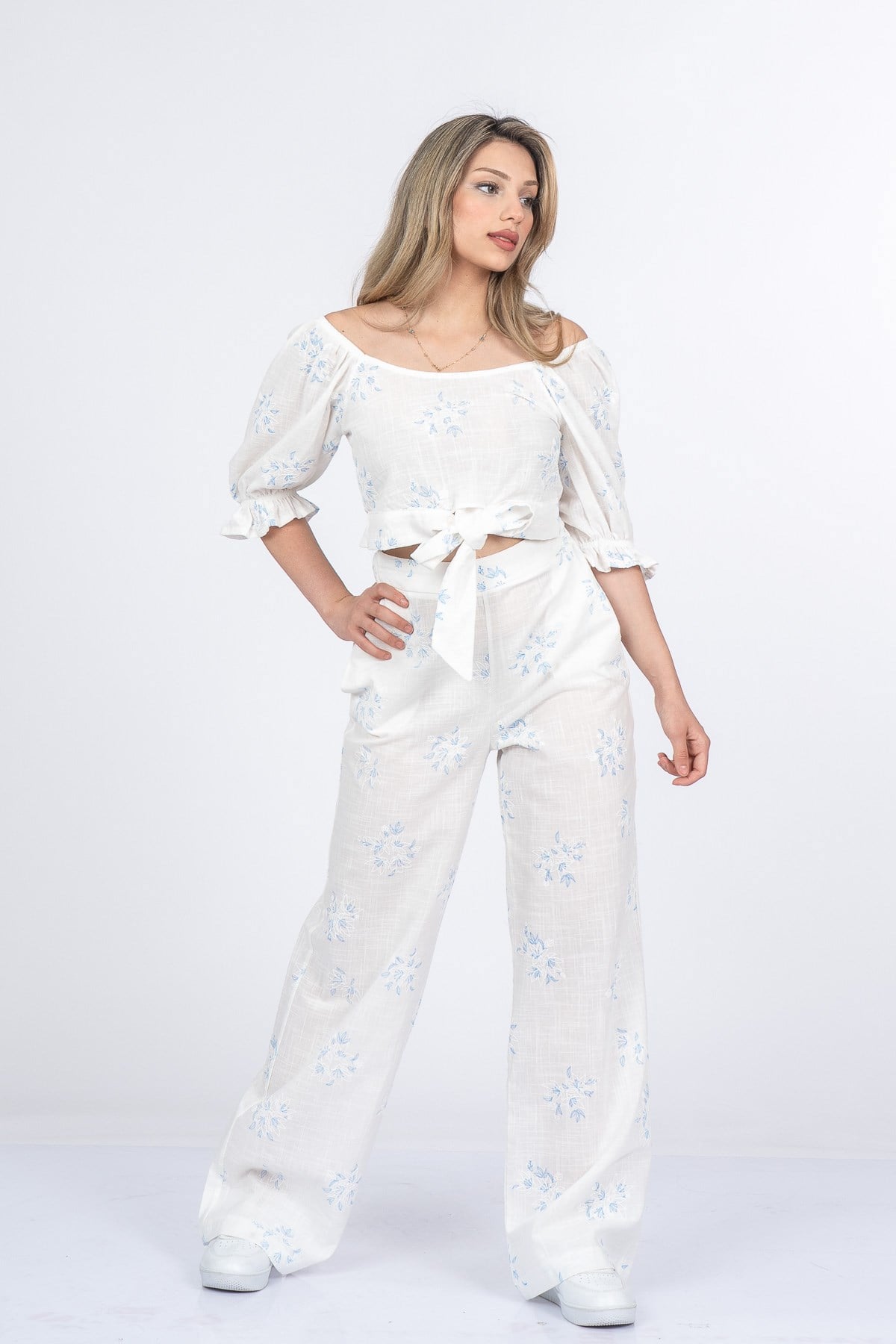 MARGARET KETEN BLUZ PANTOLON İKİLİ TAKIM - MAVİ