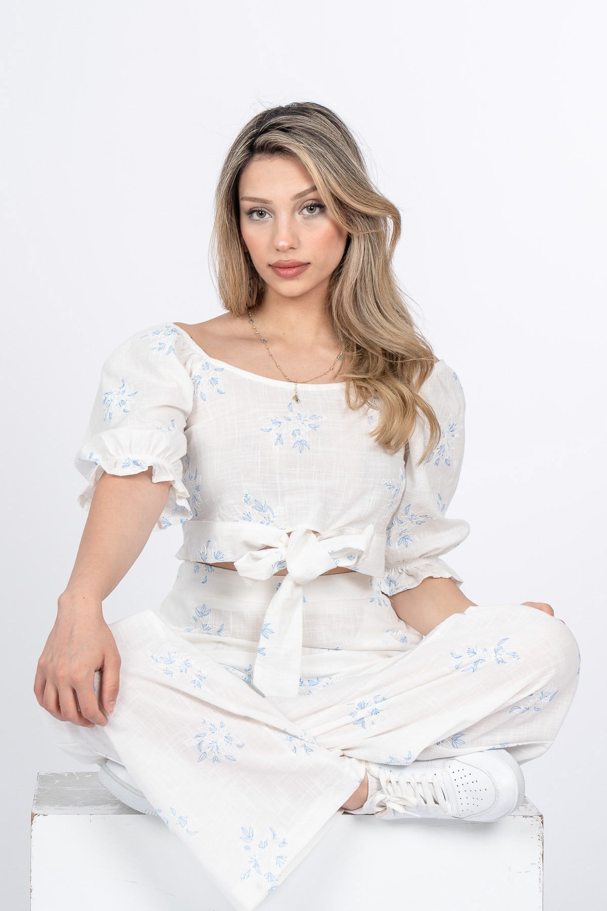 MARGARET KETEN BLUZ PANTOLON İKİLİ TAKIM - MAVİ