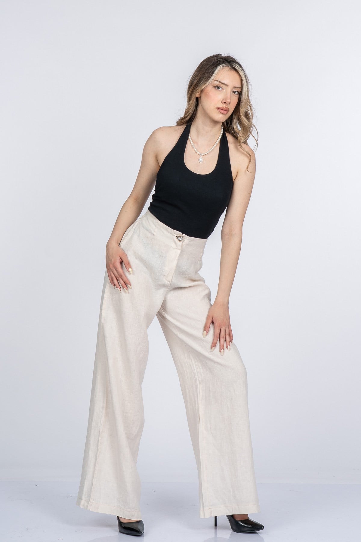 MERCEDES KETEN PANTOLON - EKRU