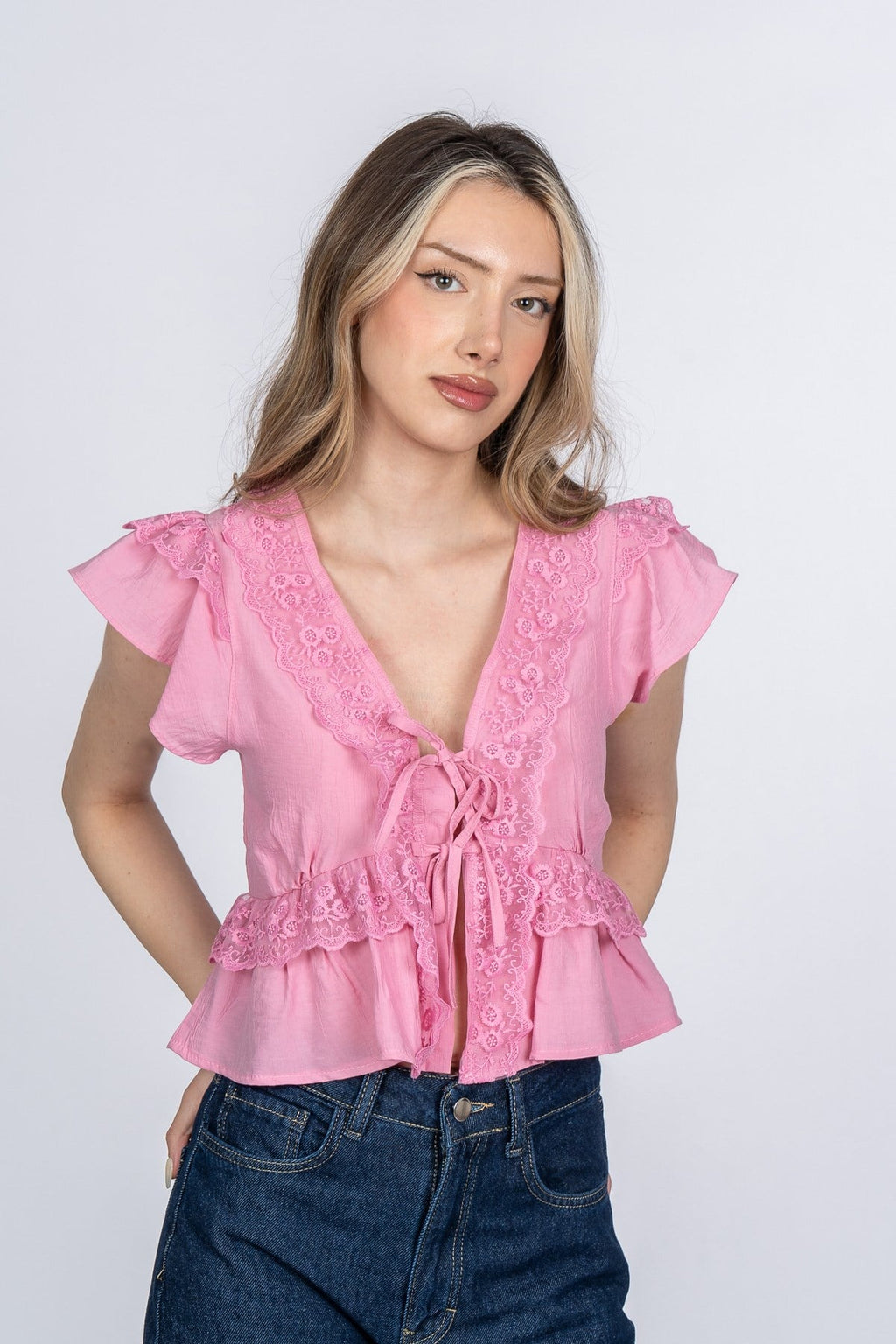 MIREYA KISA KOLLU BLUZ - PEMBE