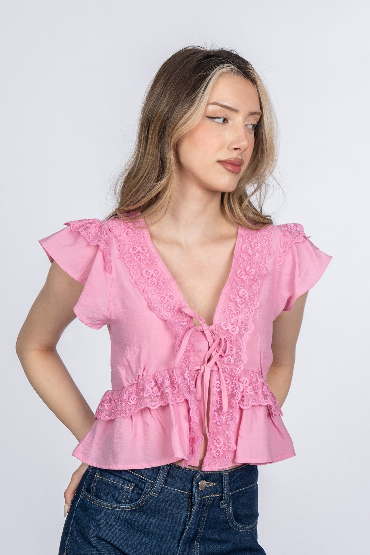 MIREYA KISA KOLLU BLUZ - PEMBE