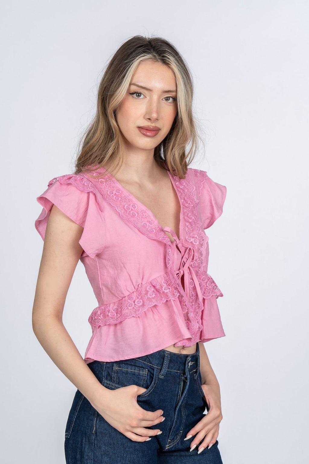 MIREYA KISA KOLLU BLUZ - PEMBE