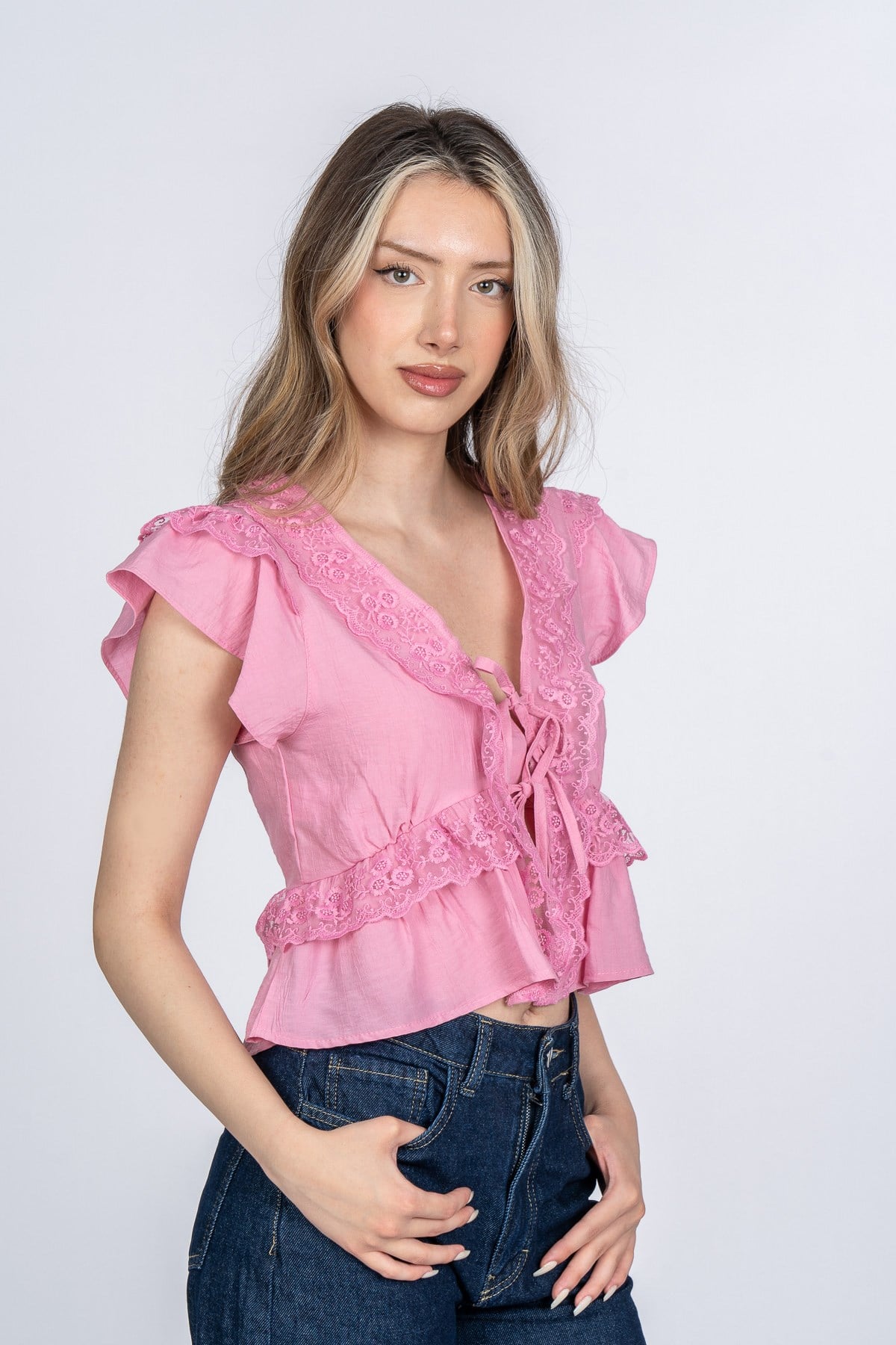 MIREYA KISA KOLLU BLUZ - PEMBE