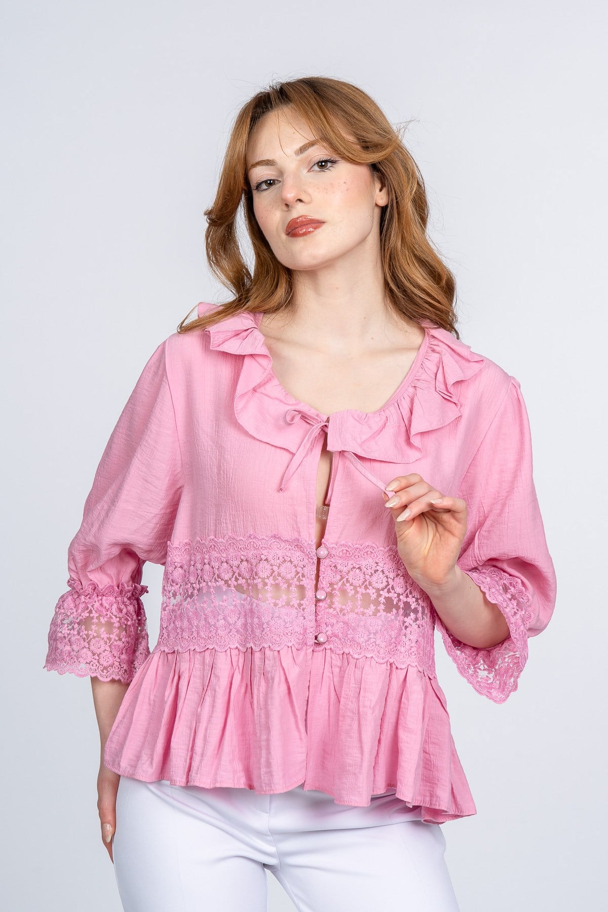 MONSERRAT TÜL DANTELLİ GÖMLEK - PEMBE