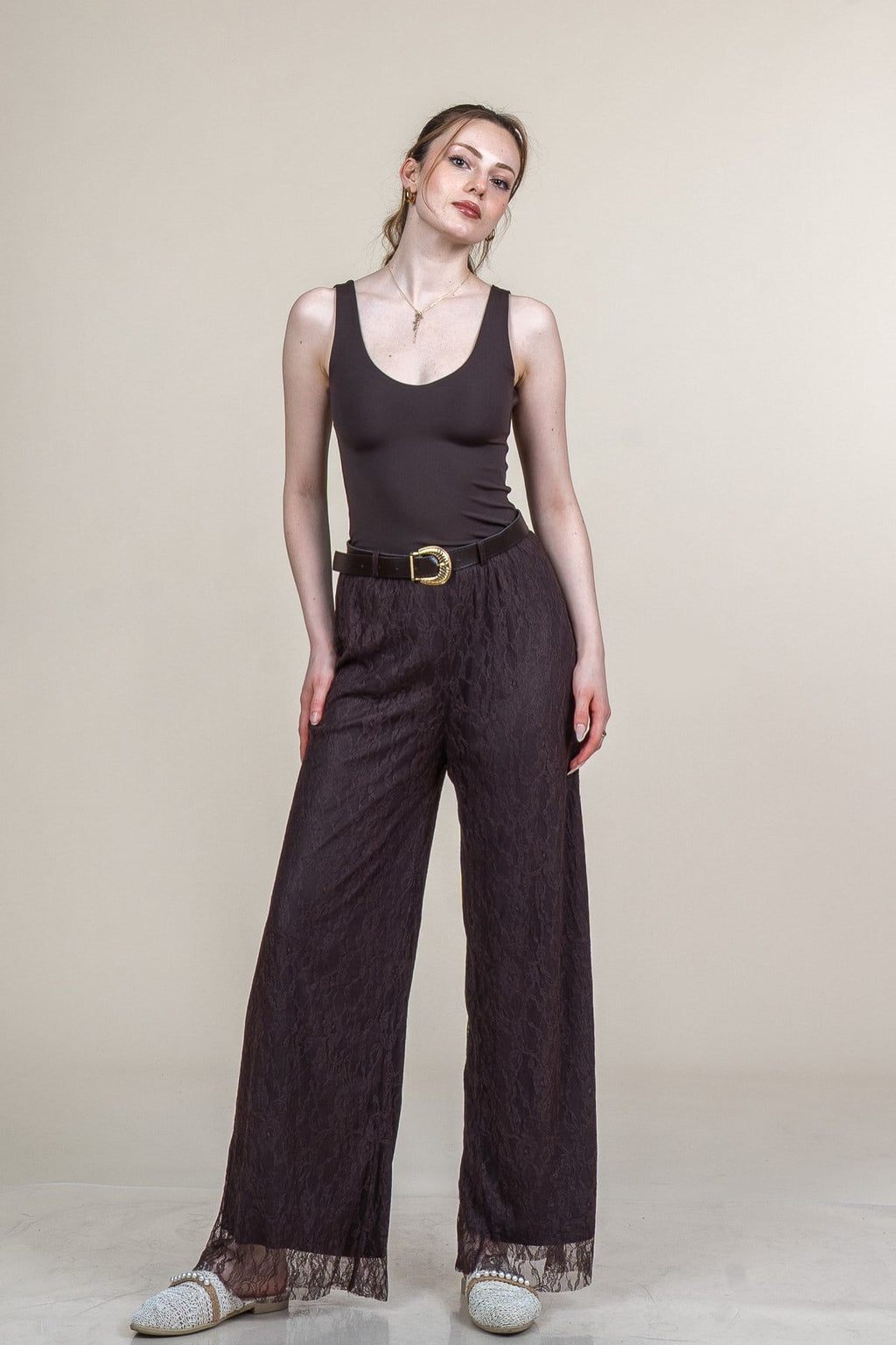 MORGAN DANTELLİ TÜL PANTOLON - KAHVE