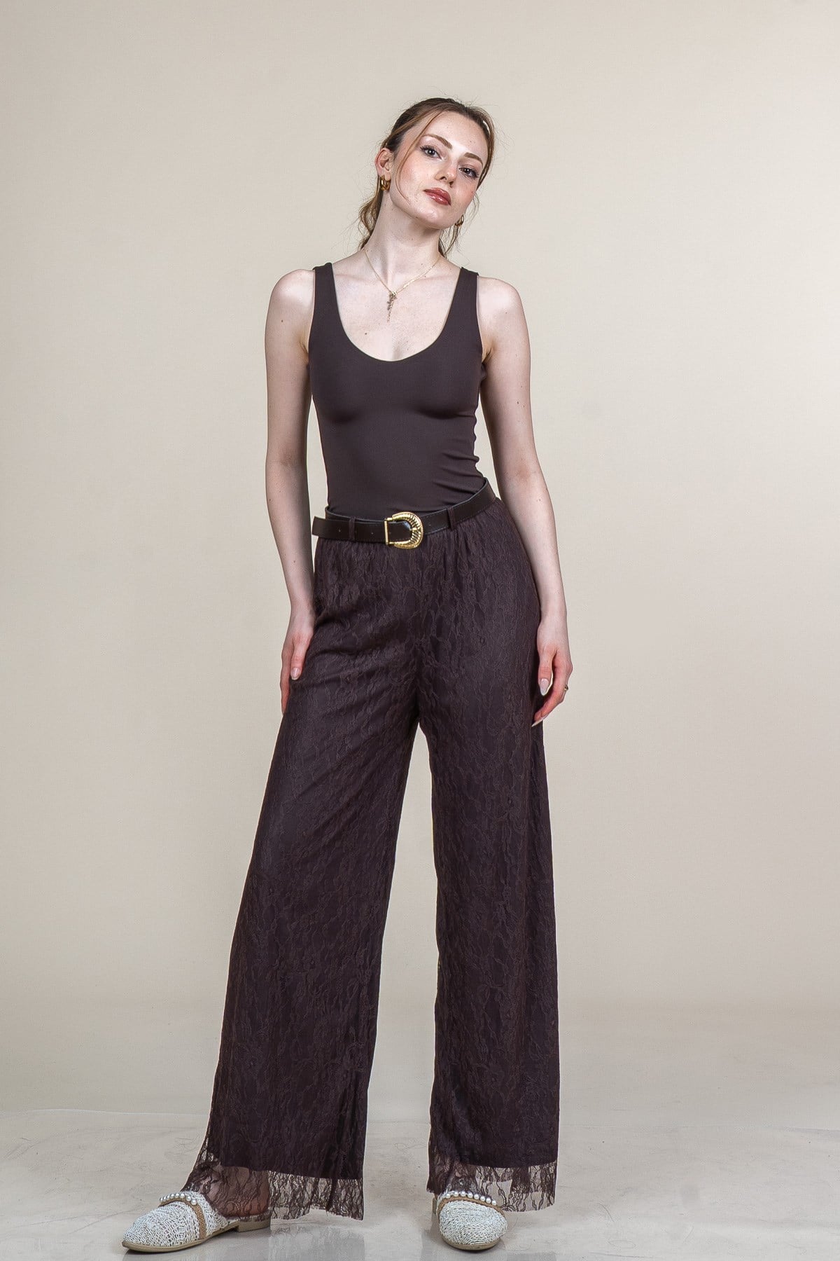 MORGAN DANTELLİ TÜL PANTOLON - KAHVE