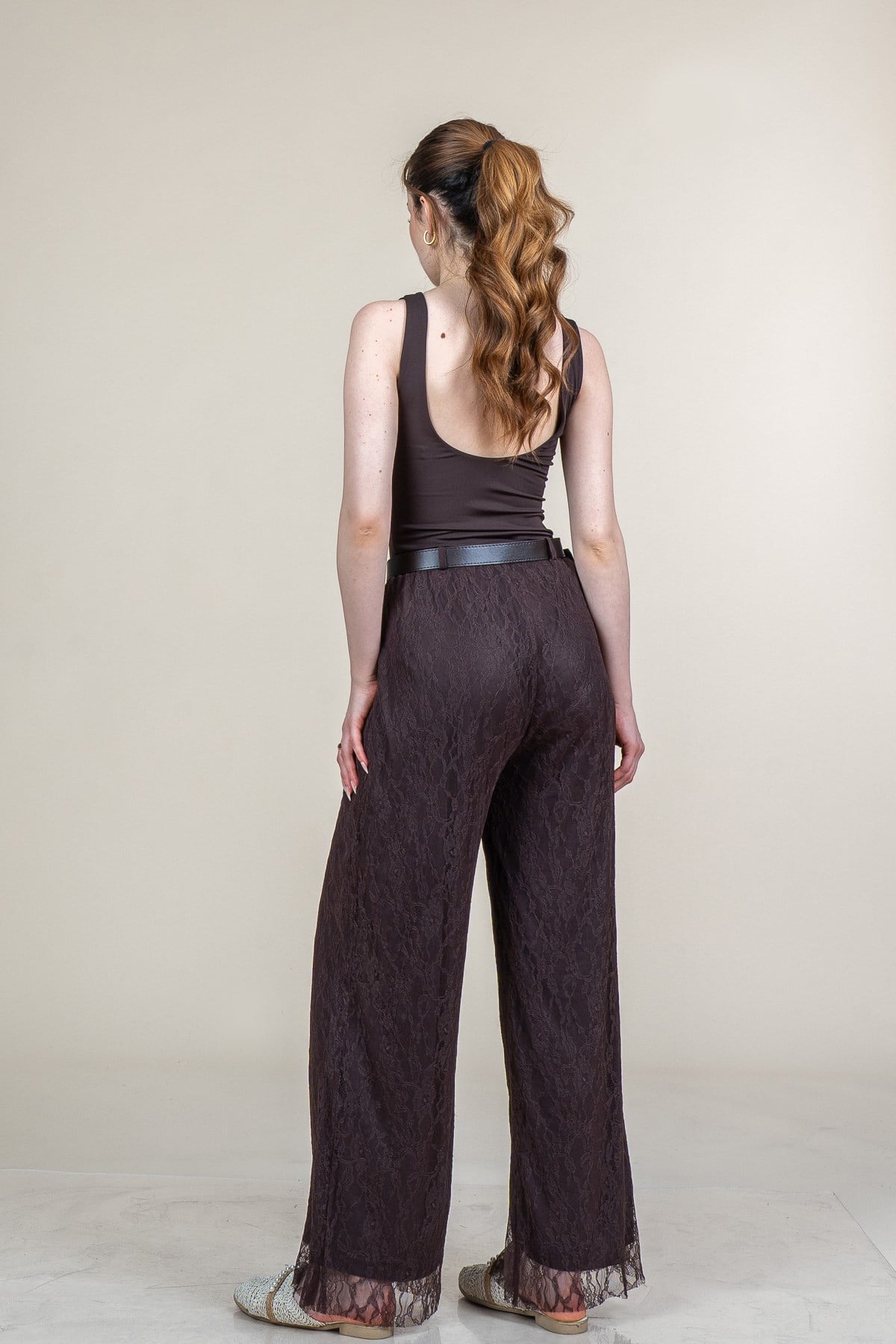 MORGAN DANTELLİ TÜL PANTOLON - KAHVE