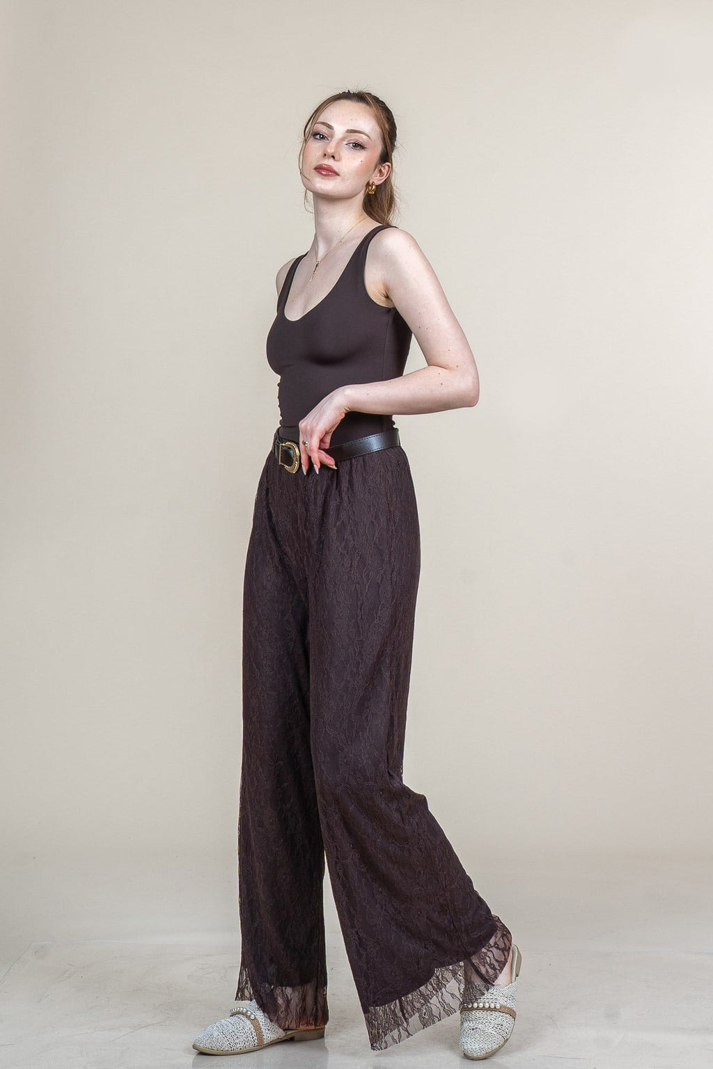 MORGAN DANTELLİ TÜL PANTOLON - KAHVE
