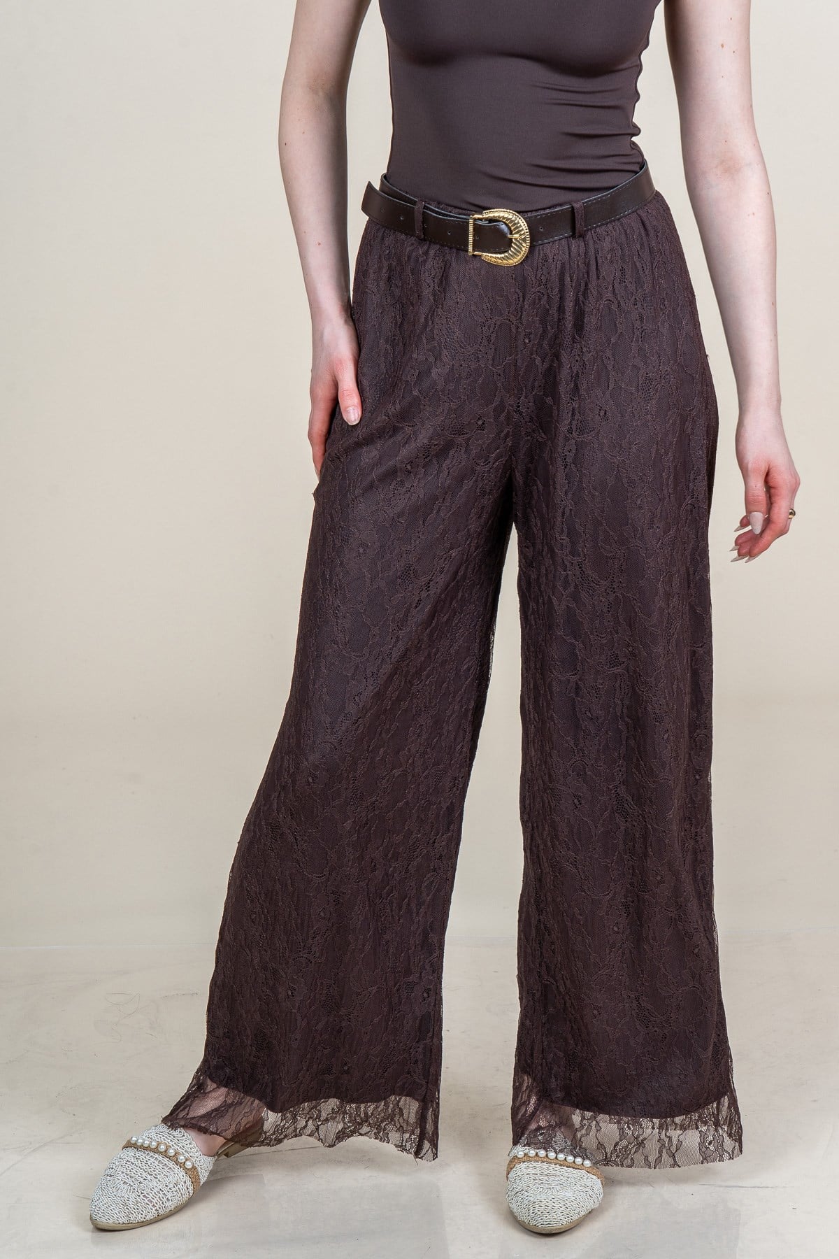 MORGAN DANTELLİ TÜL PANTOLON - KAHVE