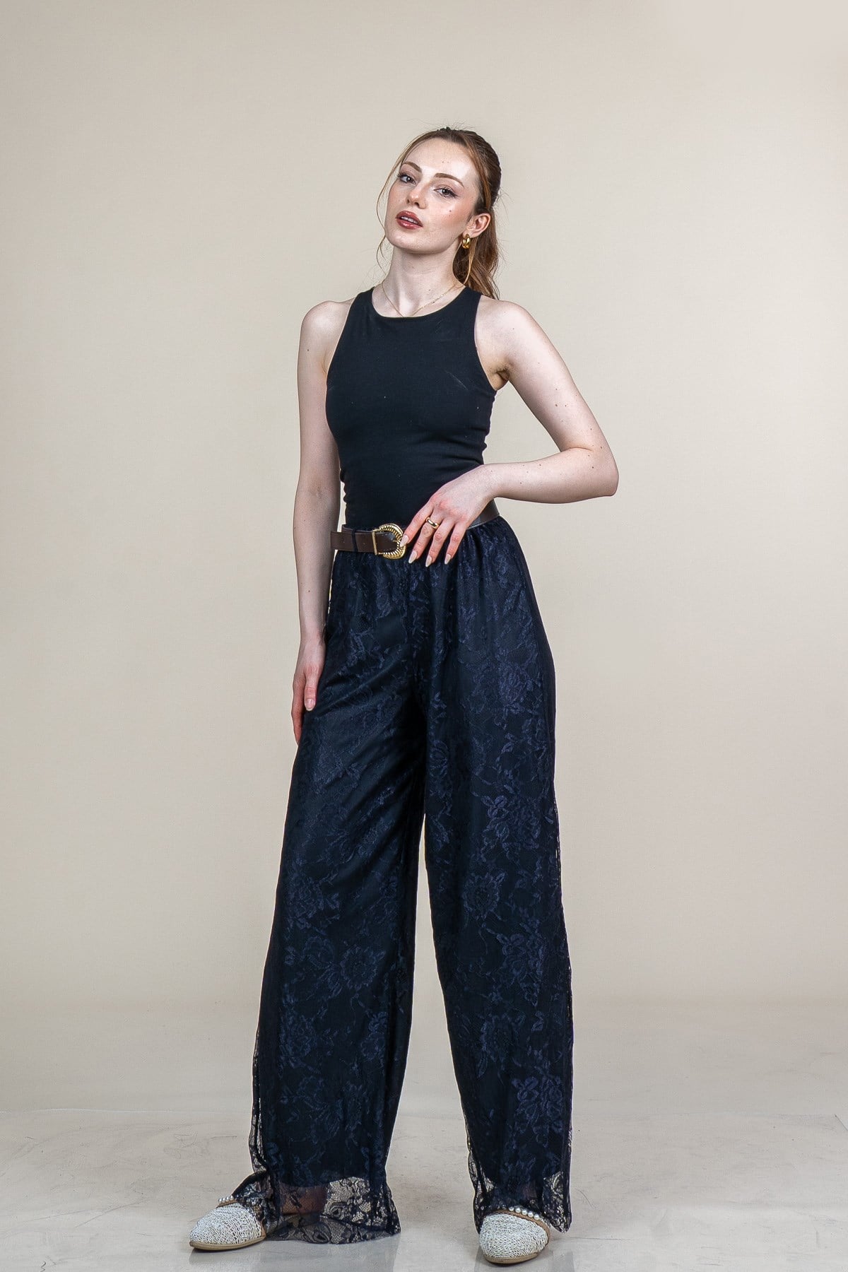 MORGAN DANTELLİ TÜL PANTOLON - SIYAH