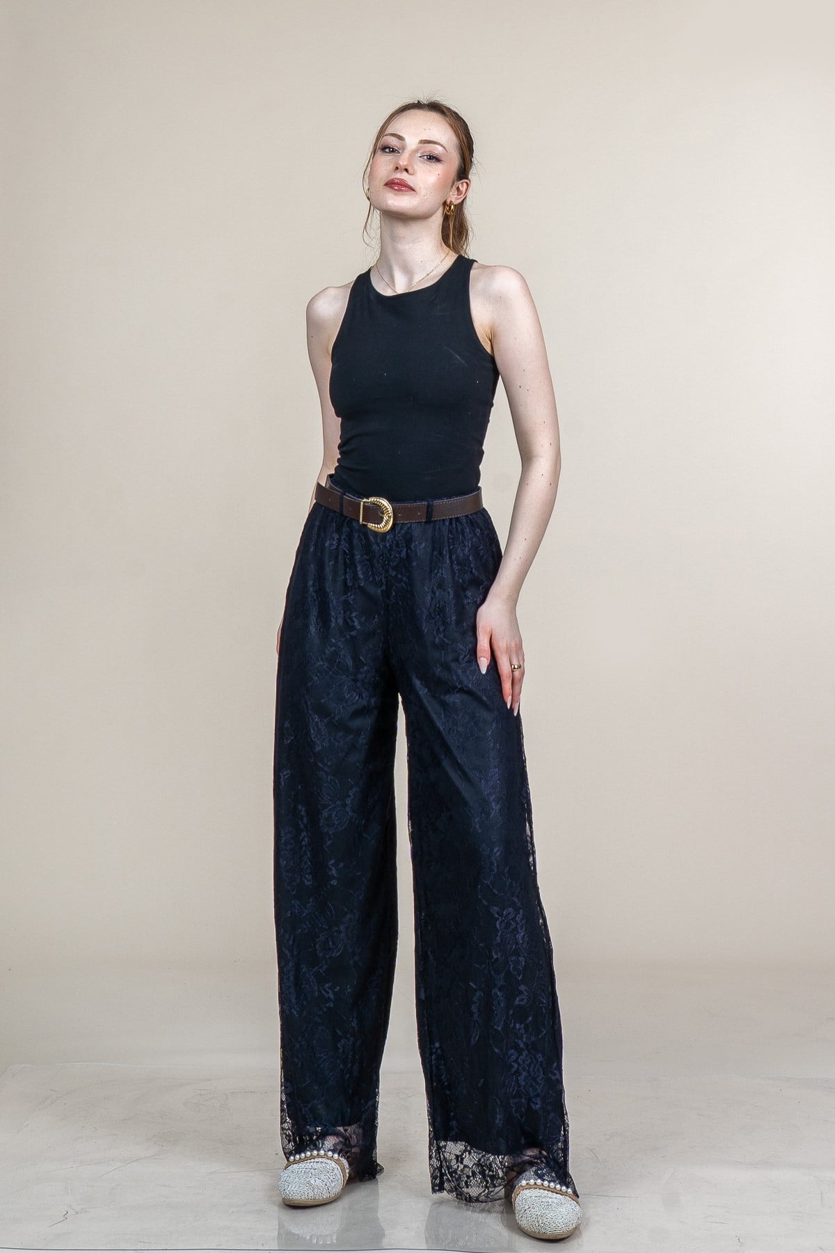 MORGAN DANTELLİ TÜL PANTOLON - SIYAH