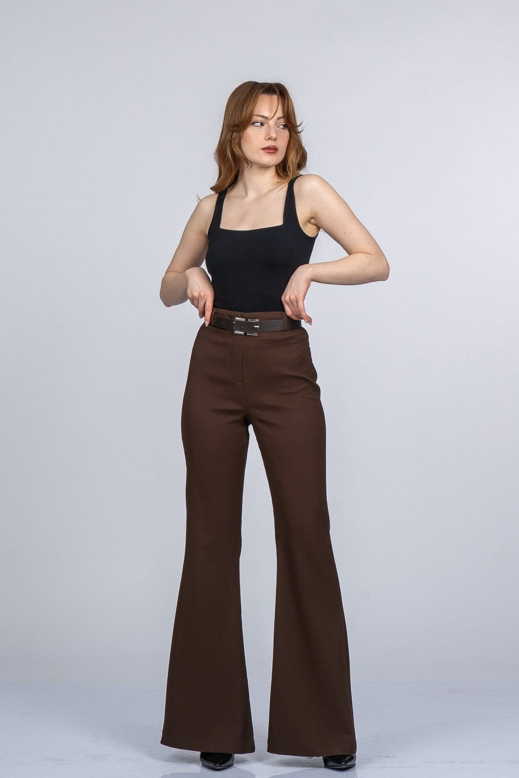 MYAH KEMERLİ İSPANYOL PAÇA PANTOLON - KAHVE