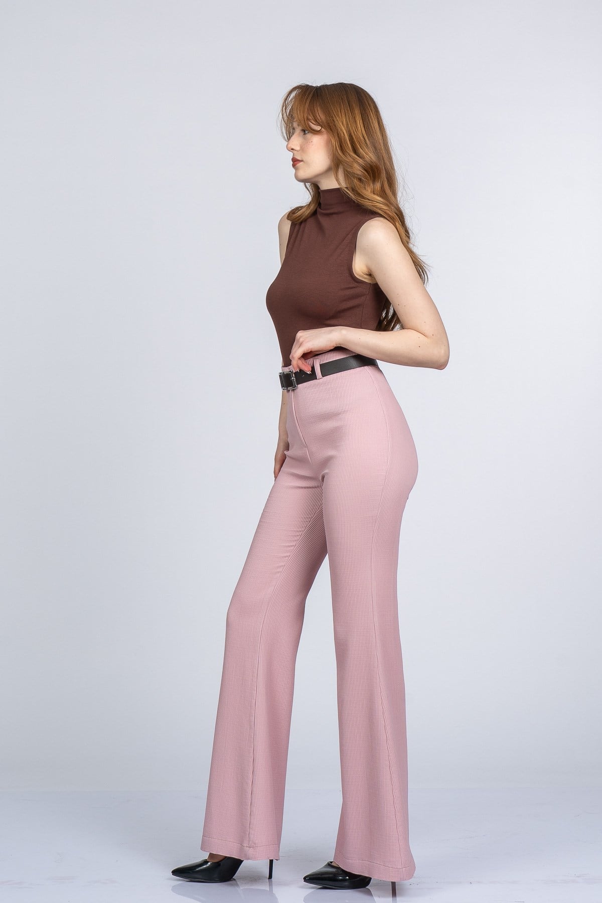 MYAH KEMERLİ İSPANYOL PAÇA PANTOLON - PUDRA