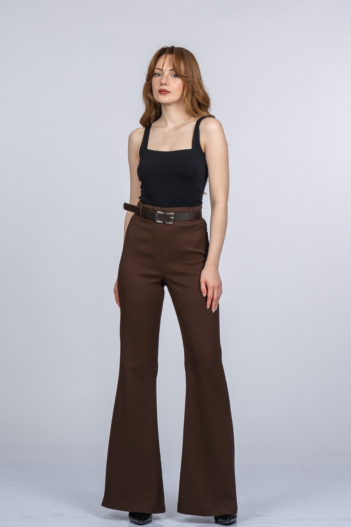 MYAH KEMERLİ İSPANYOL PAÇA PANTOLON - KAHVE
