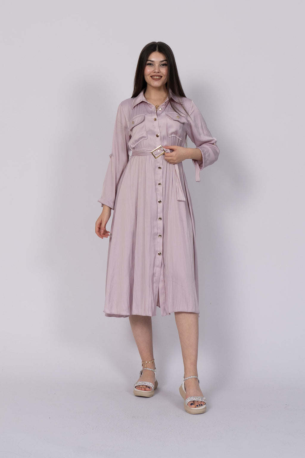 NADINE BELİ LASTİKLİ ELBİSE - LİLA