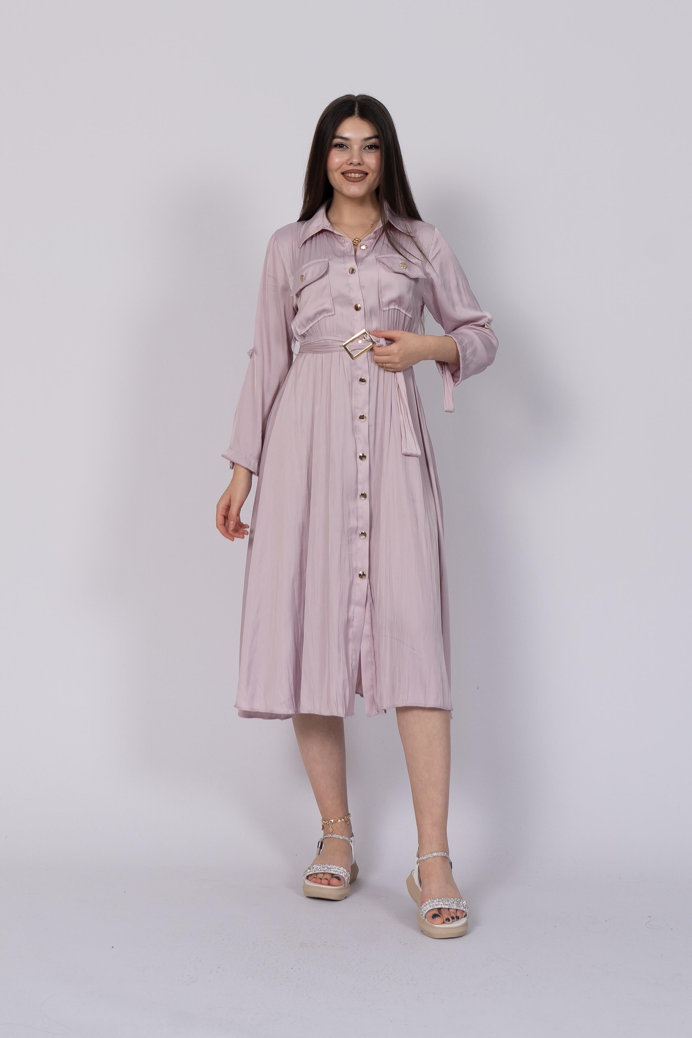 NADINE BELİ LASTİKLİ ELBİSE - LİLA