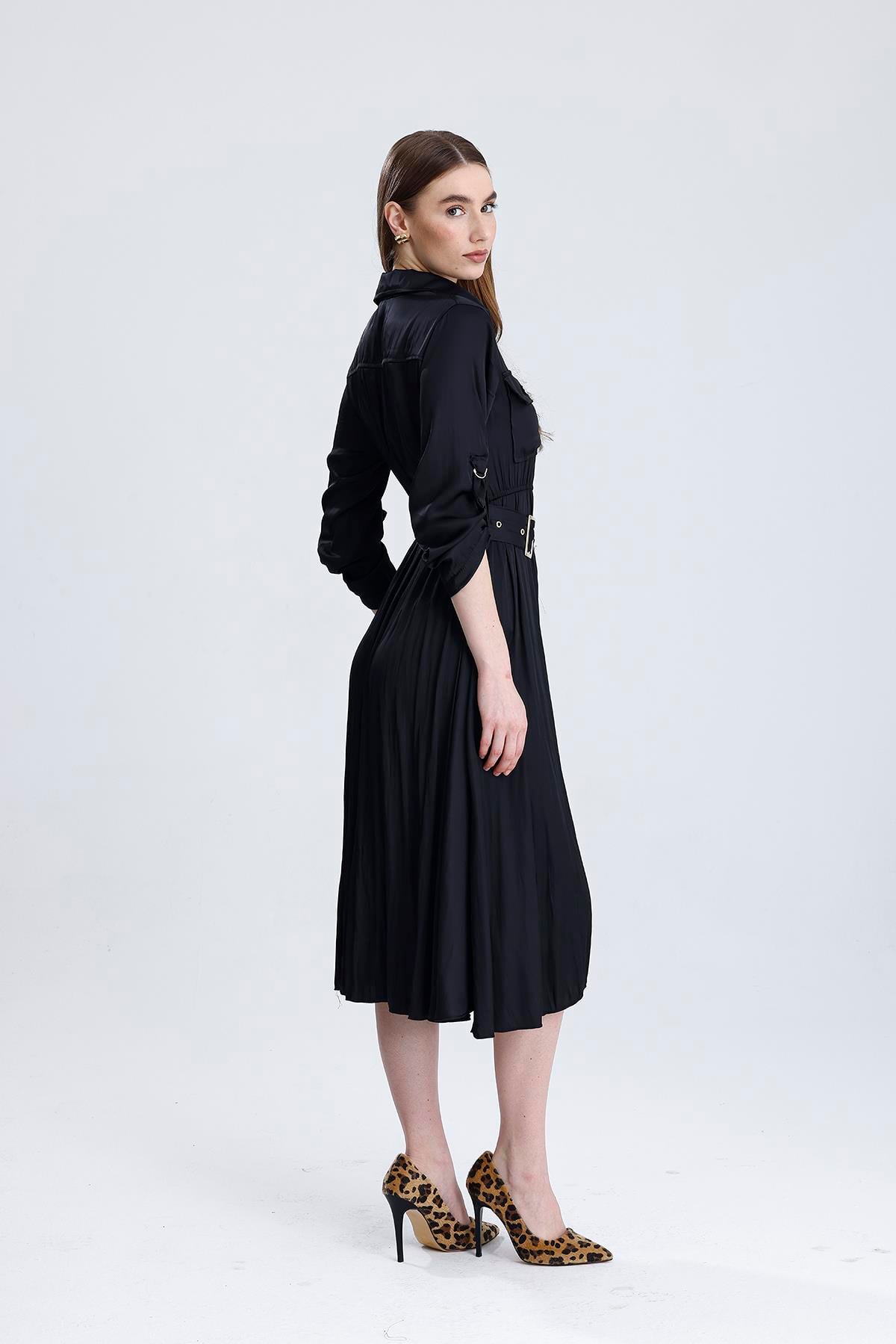 NADINE BELİ LASTİKLİ ELBİSE - SIYAH