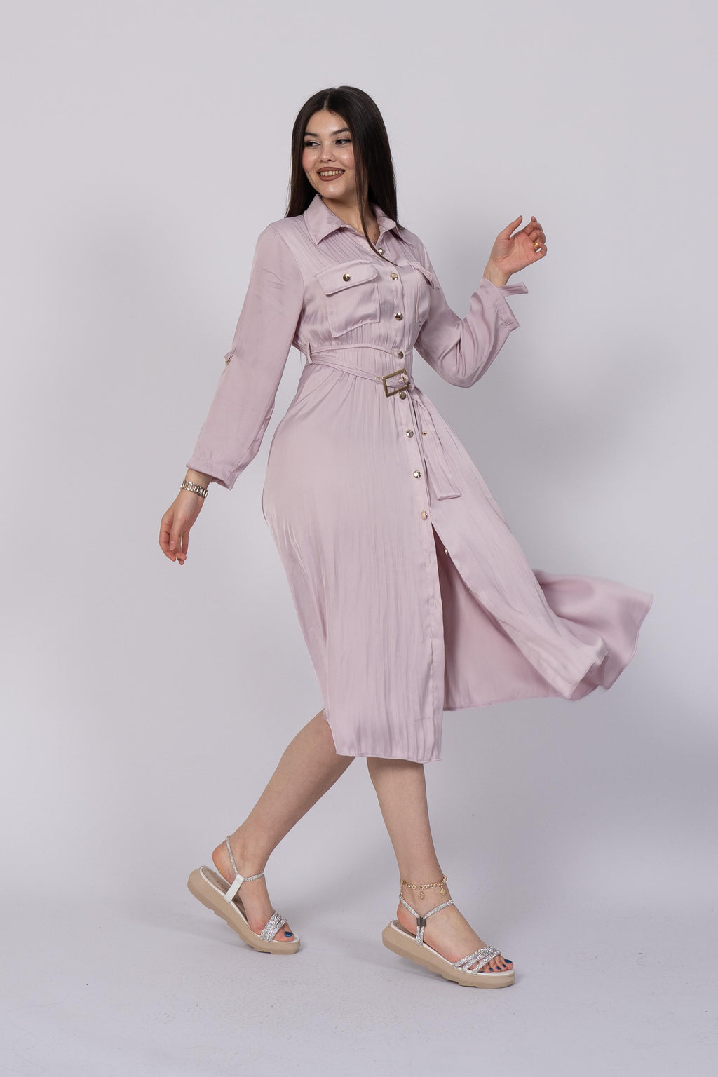 NADINE BELİ LASTİKLİ ELBİSE - LİLA