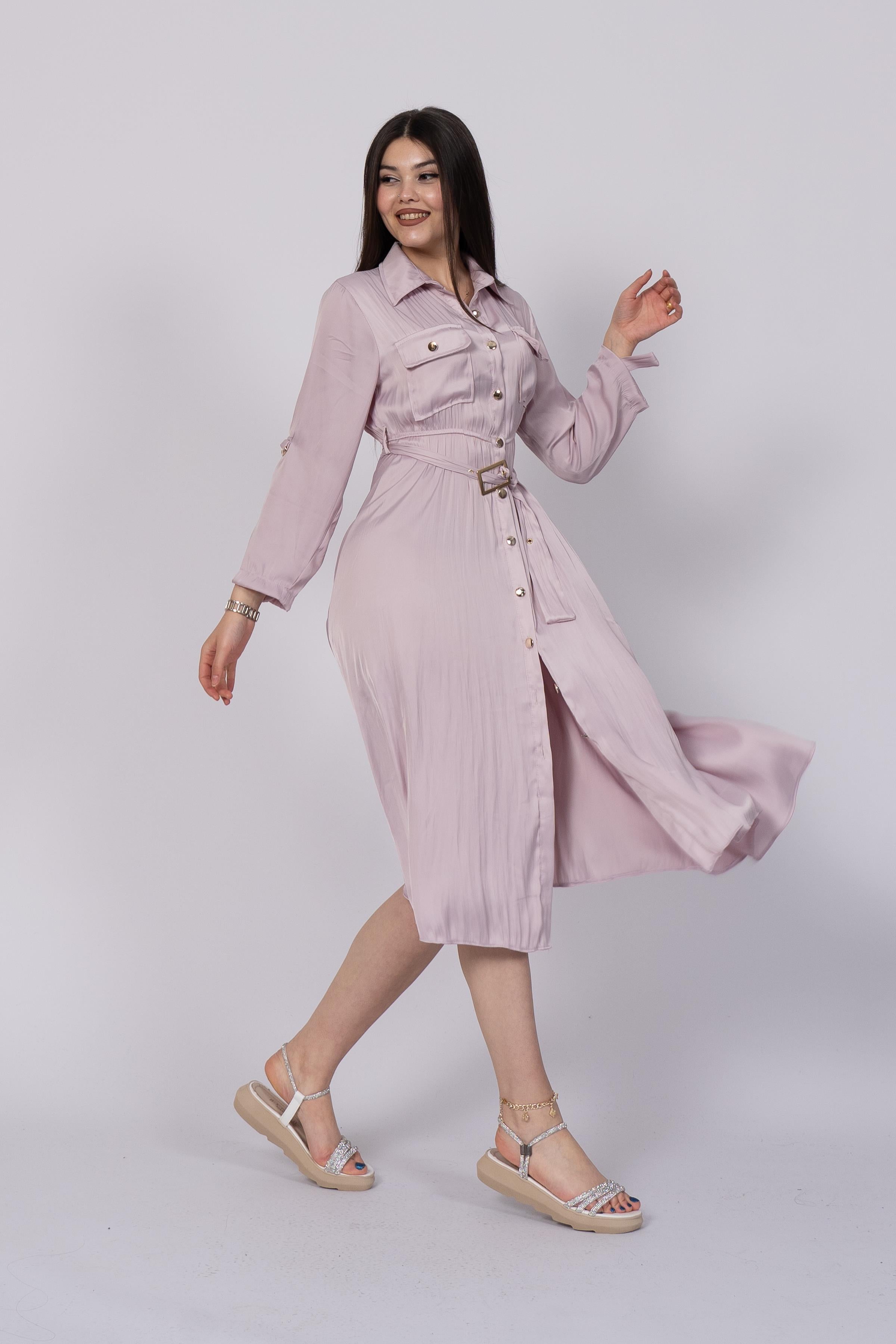 NADINE BELİ LASTİKLİ ELBİSE - LİLA