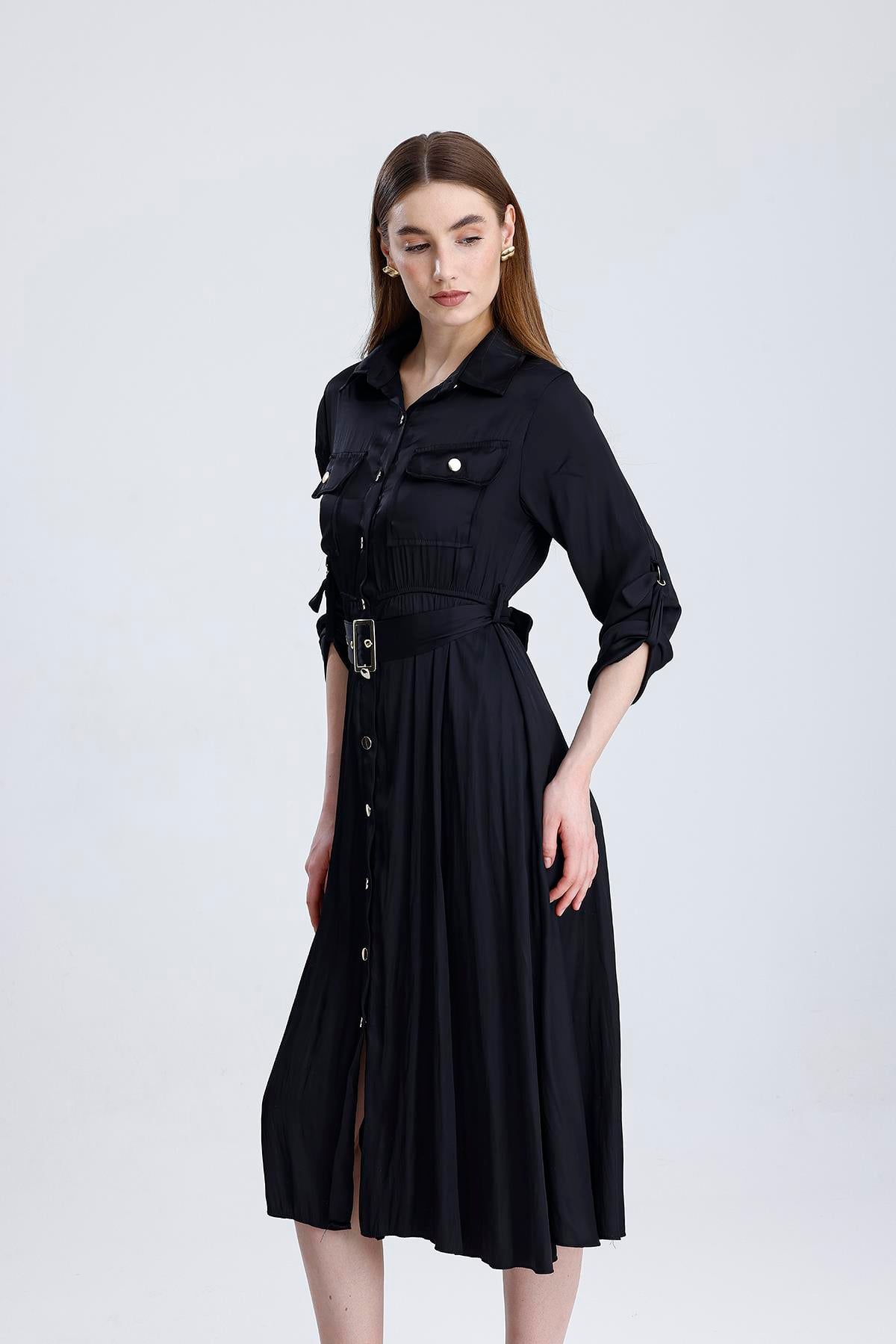 NADINE BELİ LASTİKLİ ELBİSE - SIYAH