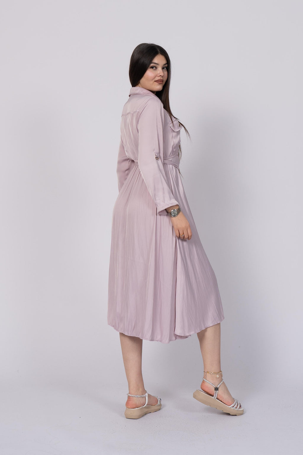 NADINE BELİ LASTİKLİ ELBİSE - LİLA
