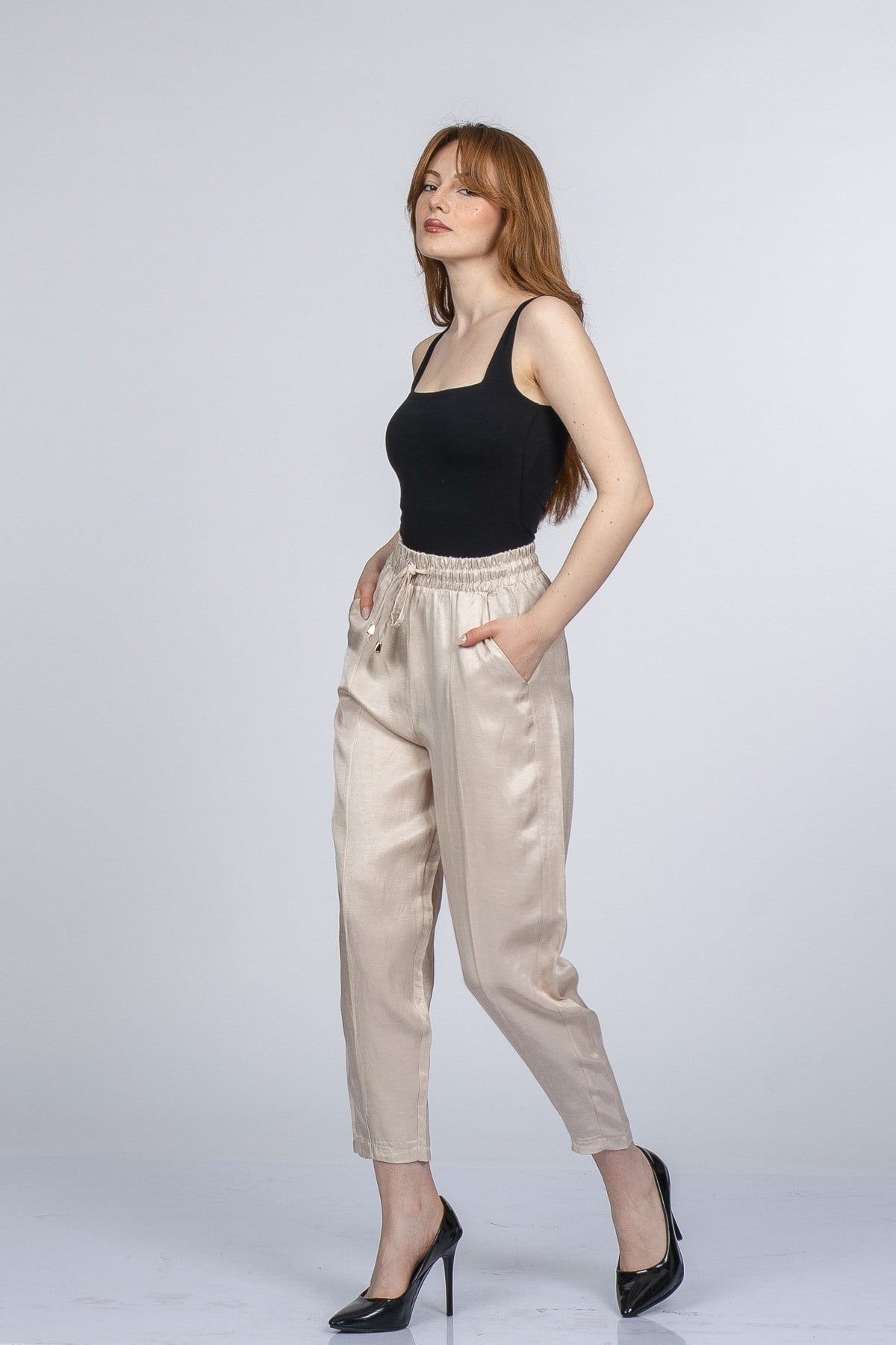 NICOLETTE BEL LASTİKLİ PANTOLON - TAŞ